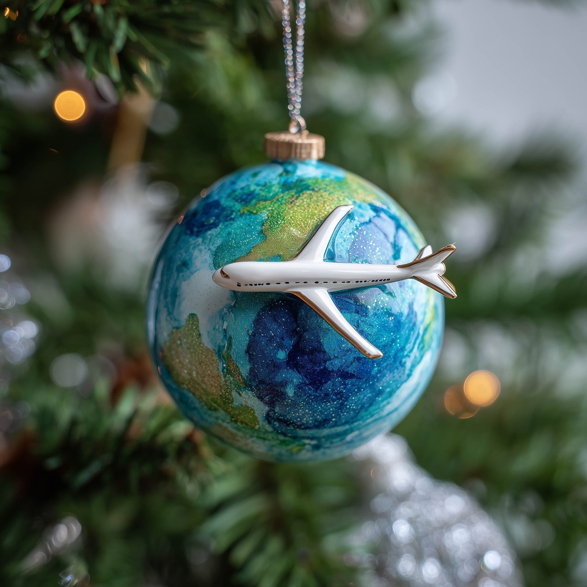 Airliner on a Blue World Globe Christmas Ornament