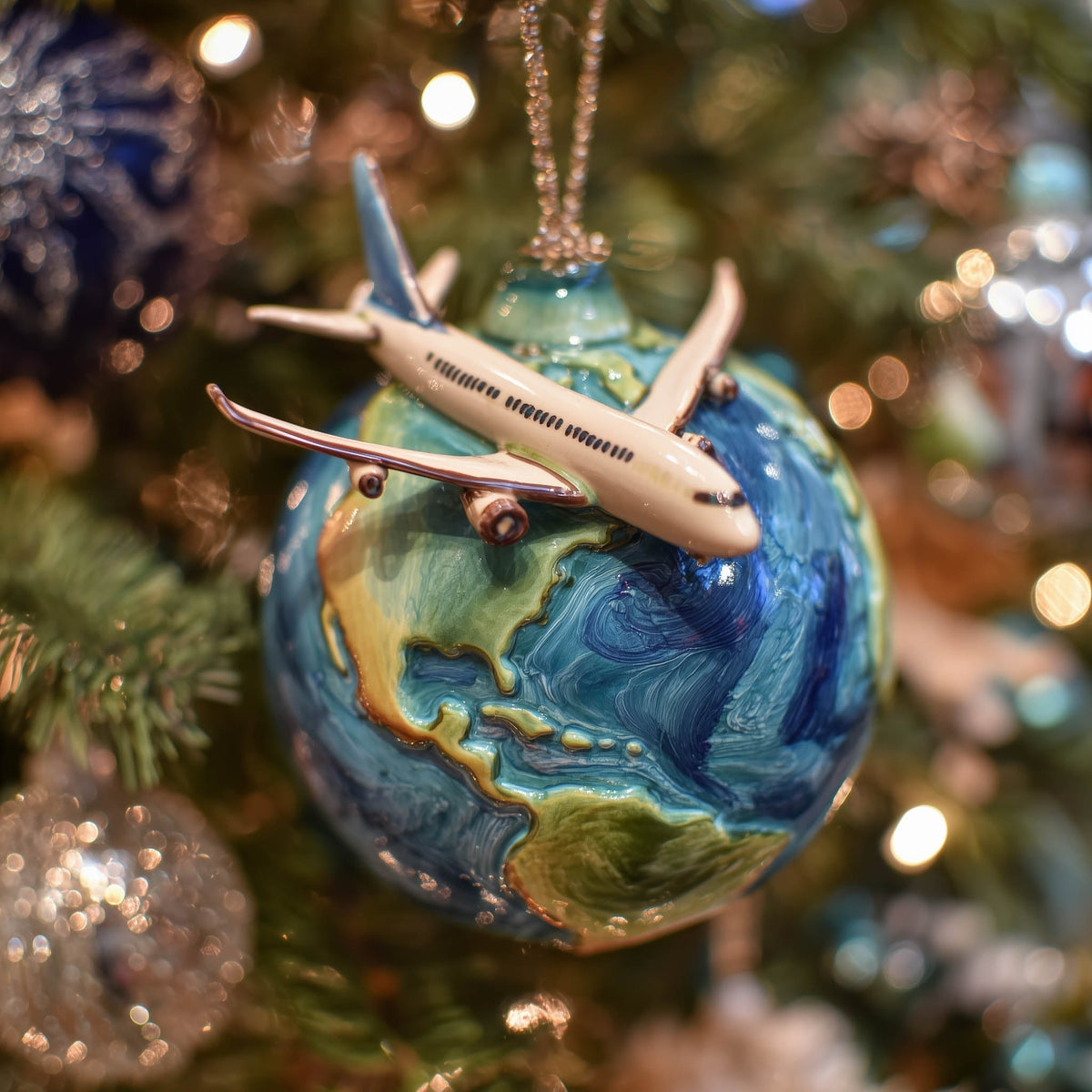 Plane Over the Americas Globe Christmas Ornament