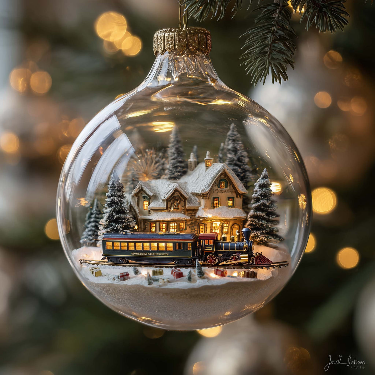 Winter Manor and Trolley Globe Christmas Ornament