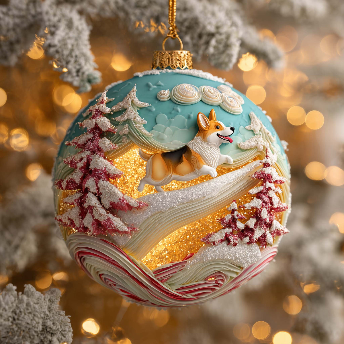 Corgi on a Candy Cane Hill Christmas Ornament