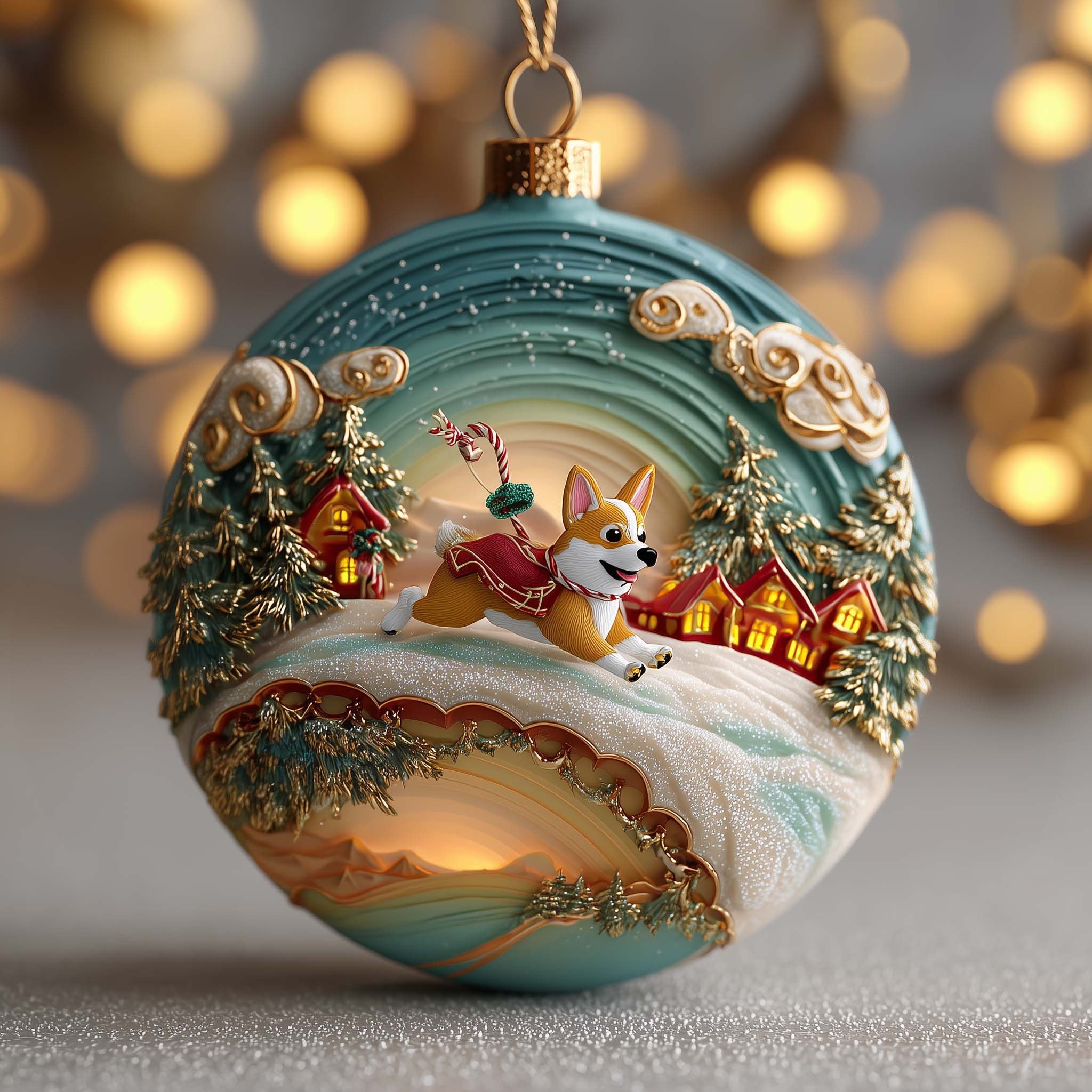 Corgi Dashing Through the Village Christmas Ornament