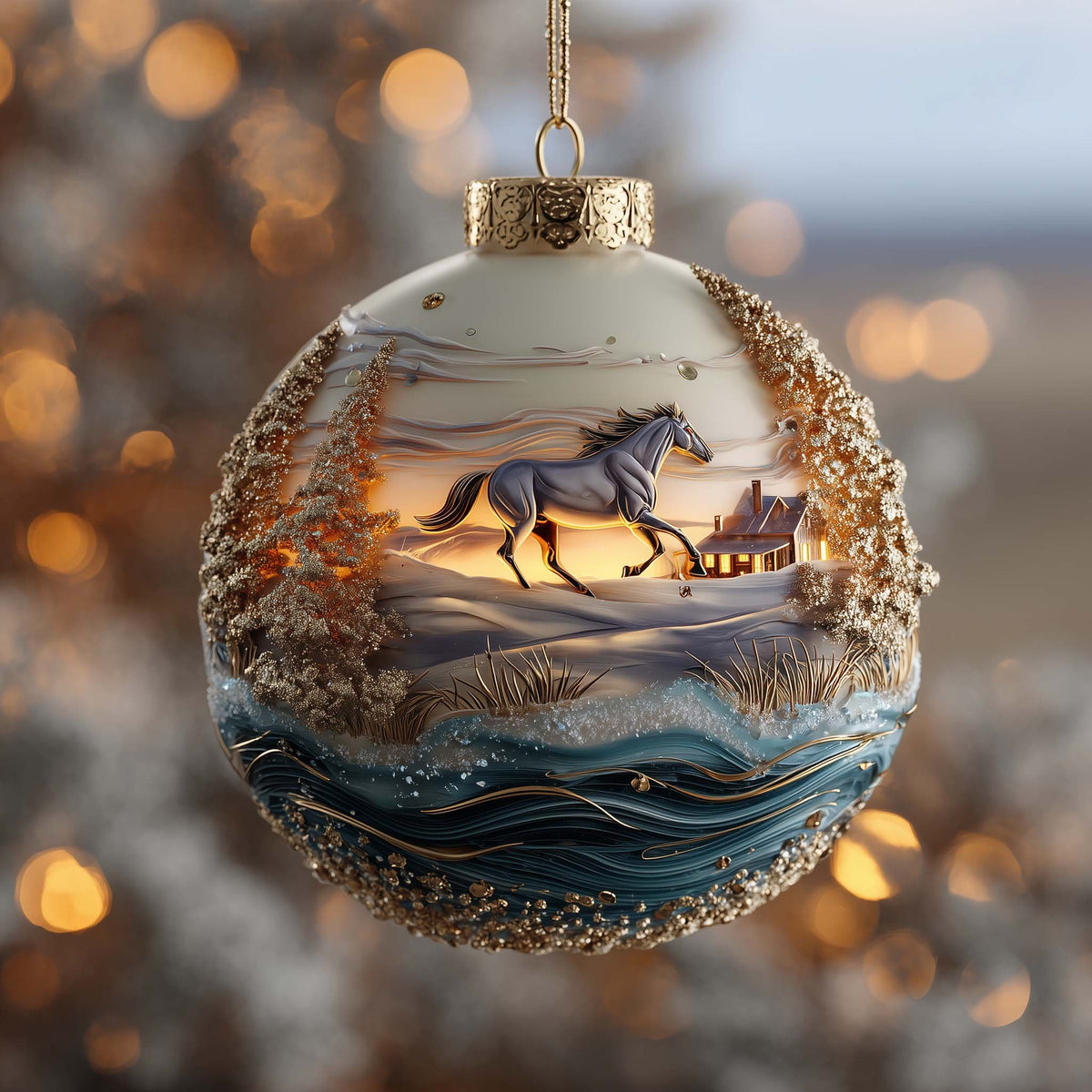 Black Horse in a Winter Field Christmas Ornament