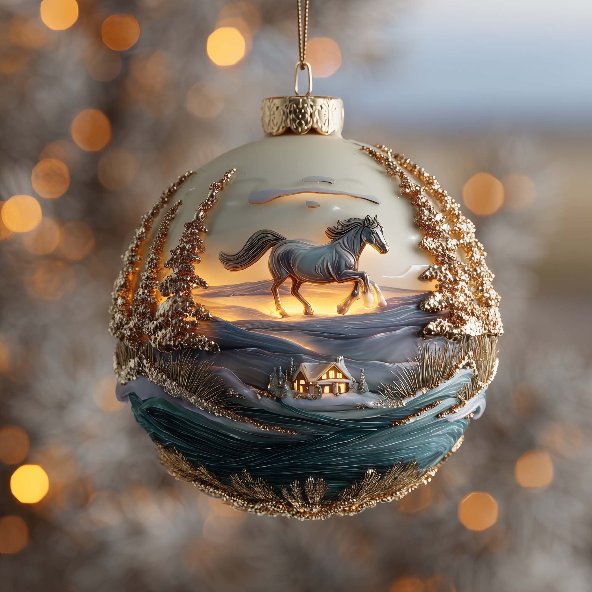 Grey Horse by the Cottage Christmas Ornament