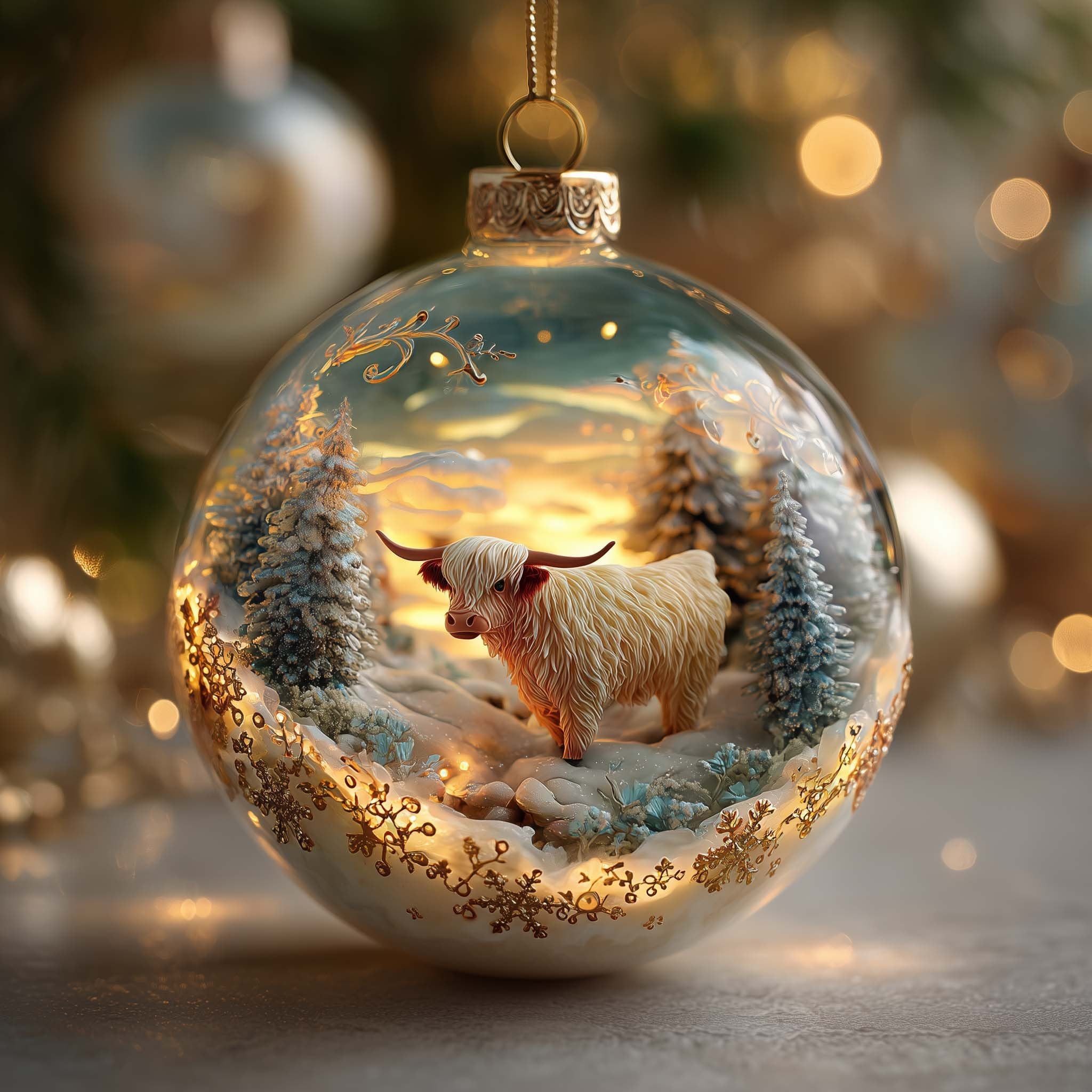 Highland Cow in a Golden Hollow Christmas Ornament