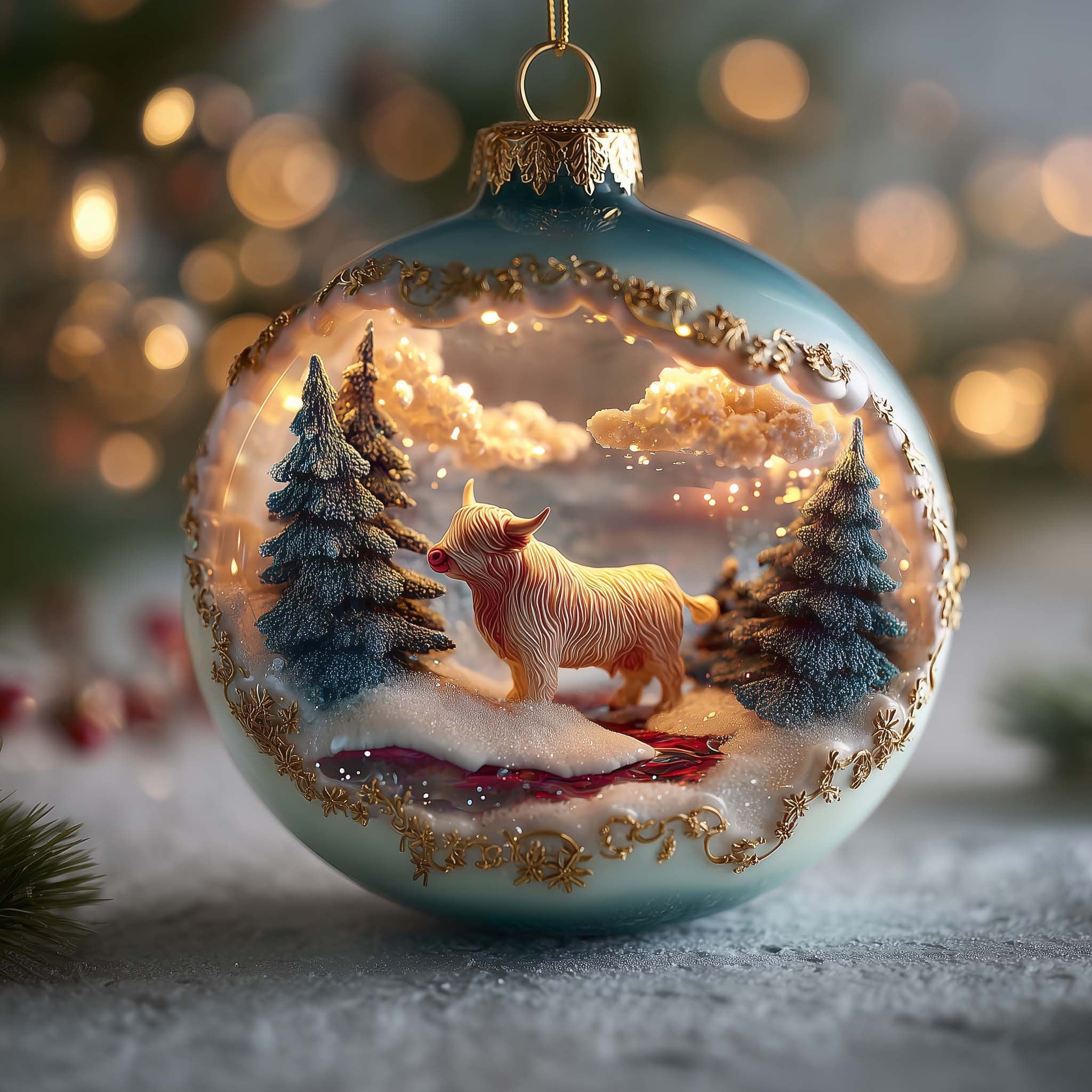 Highland Cow Between the Pines Christmas Ornament