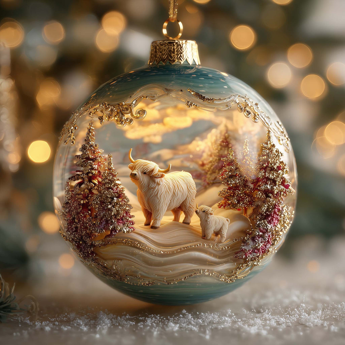 Highland Cow and Calf Bauble Christmas Ornament
