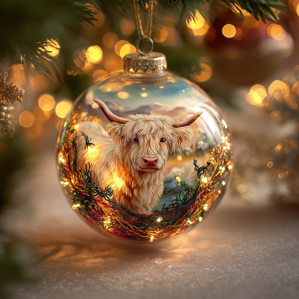 Highland Cow in Fairy Lights Christmas Ornament