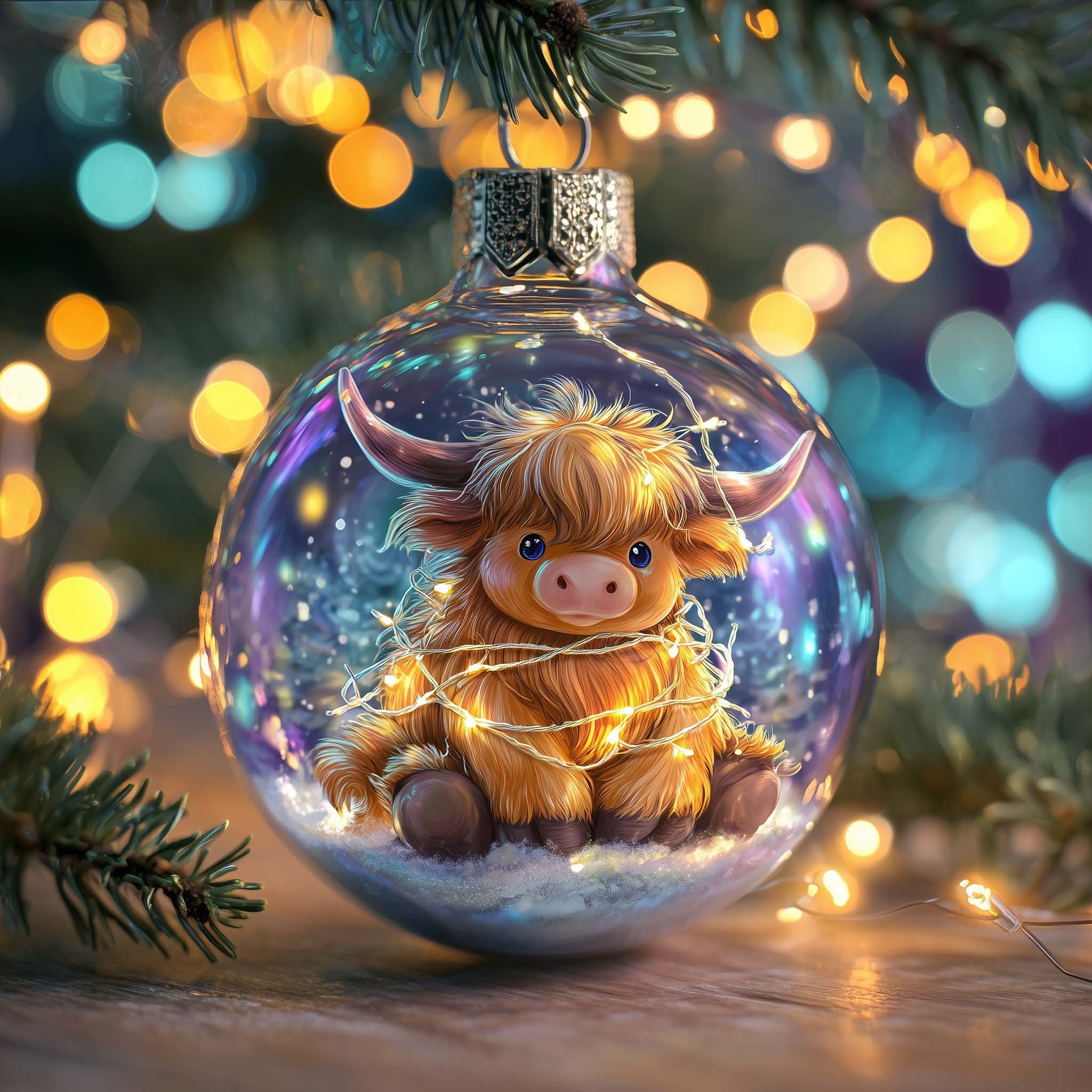 Highland Calf Wrapped in Lights Christmas Ornament