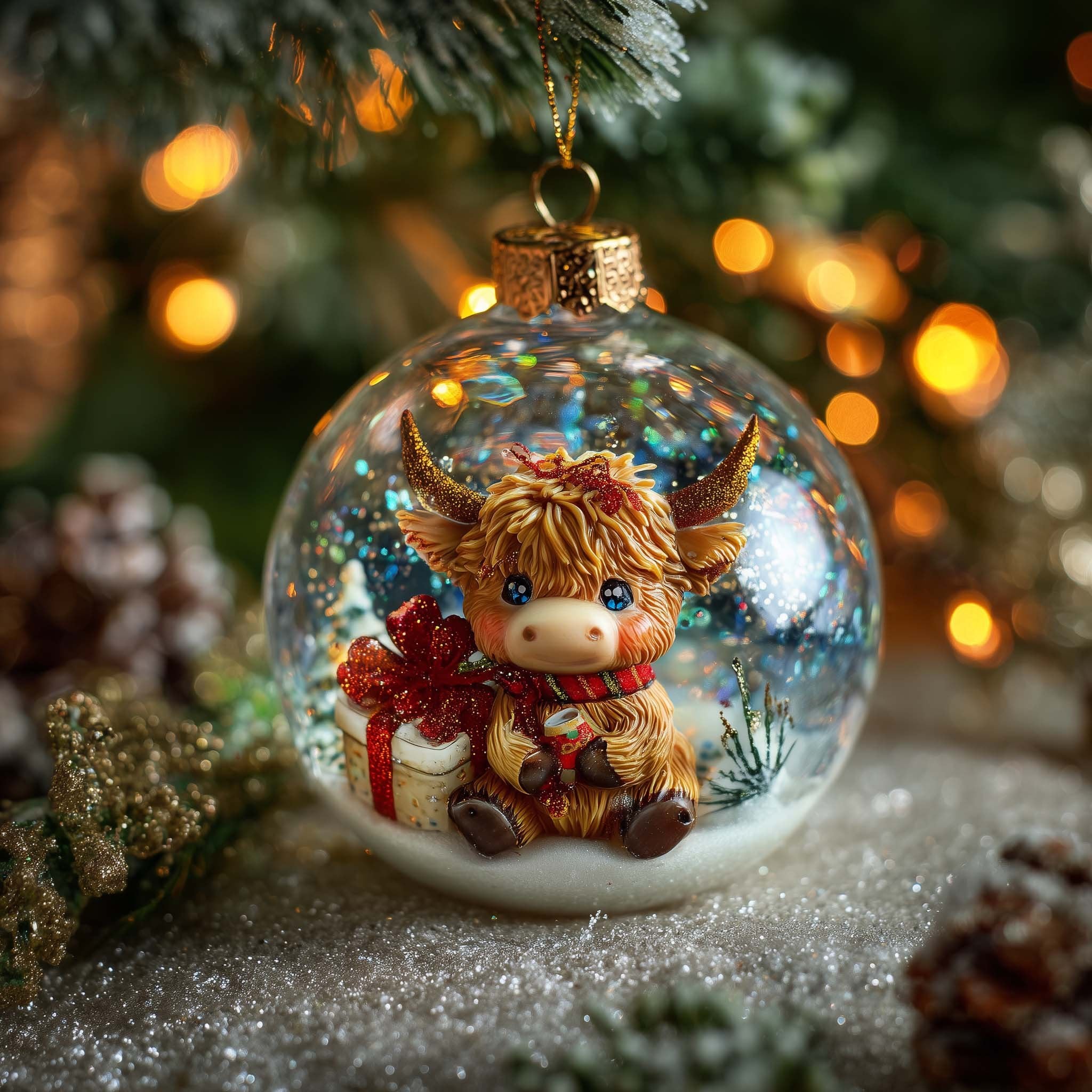 Highland Calf with a Red Gift Christmas Ornament