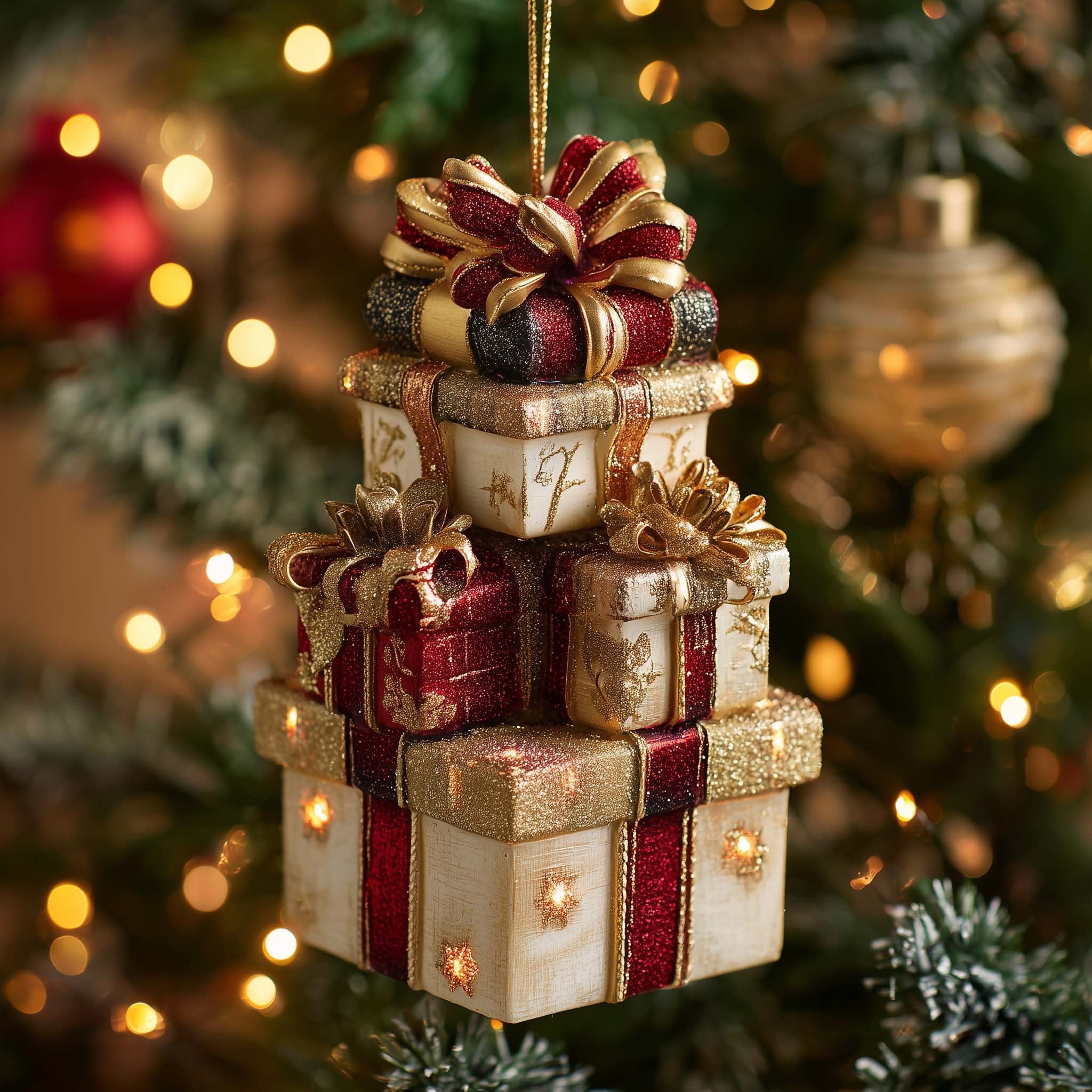 Golden Gift Tower Christmas Ornament