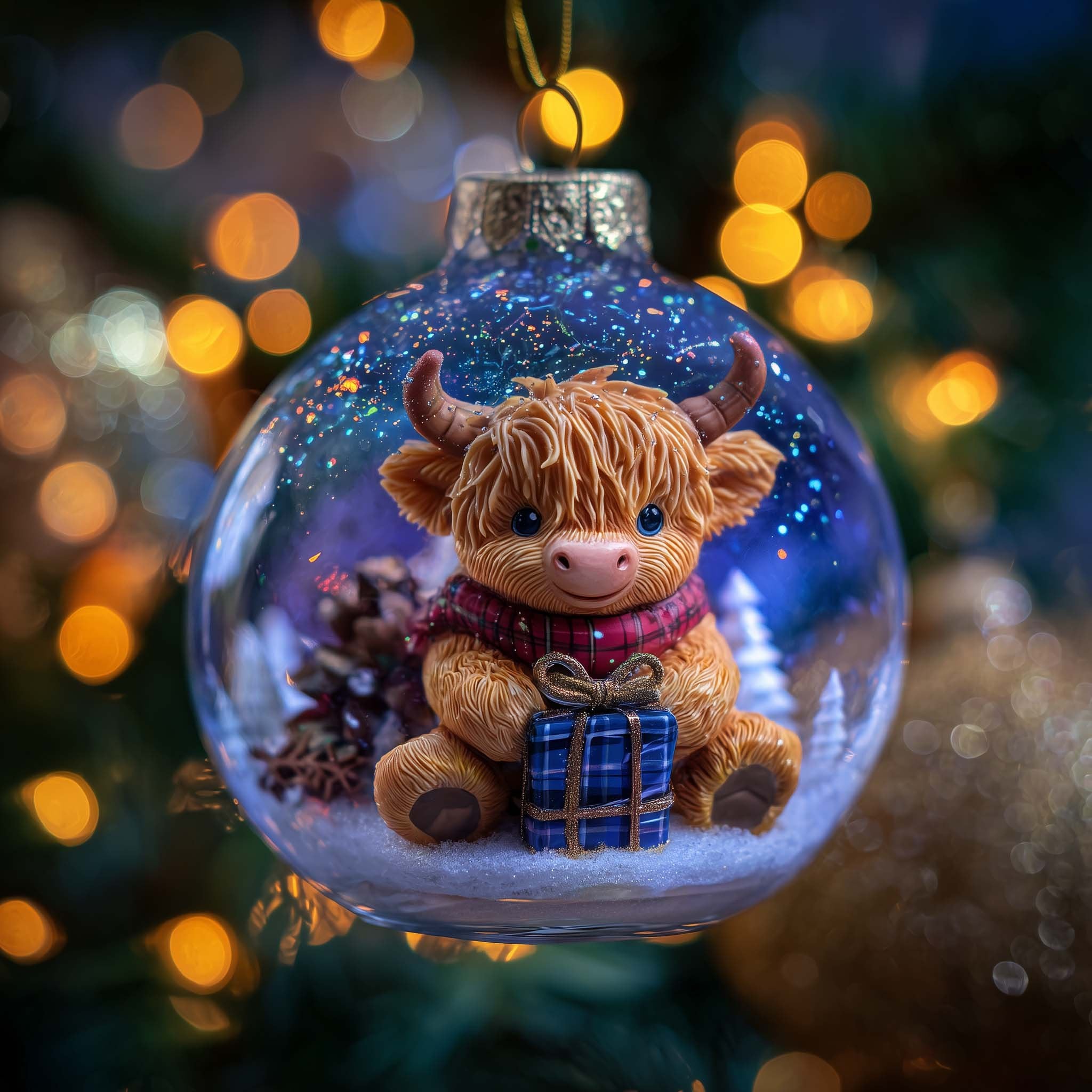 Highland Calf with a Blue Present Christmas Ornament