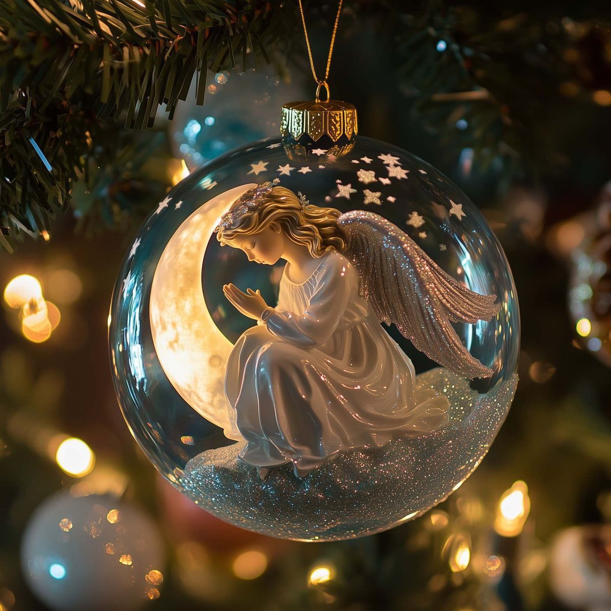 Angel on a Crescent Moon Globe Christmas Ornament