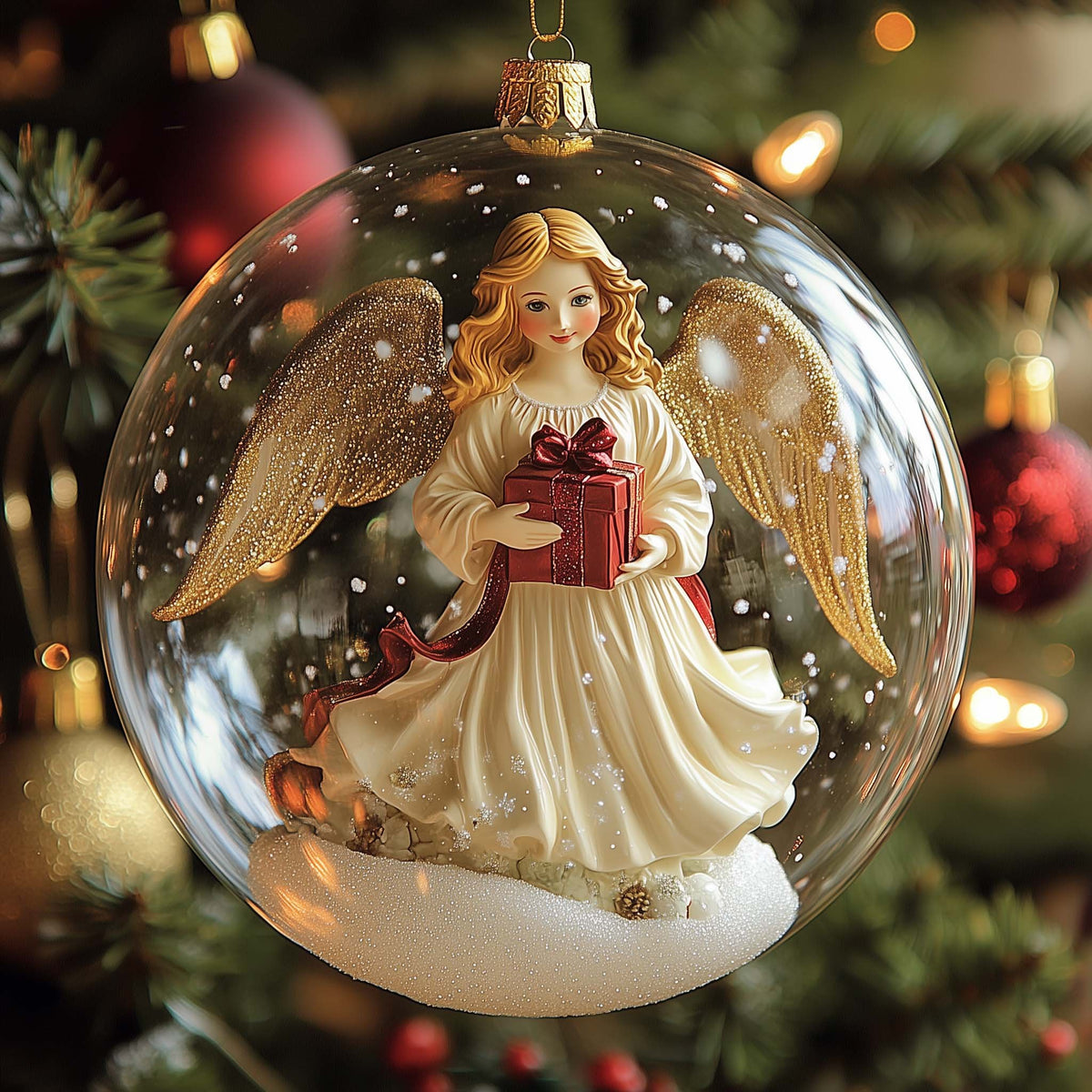 Golden Wing Angel with a Gift Christmas Ornament
