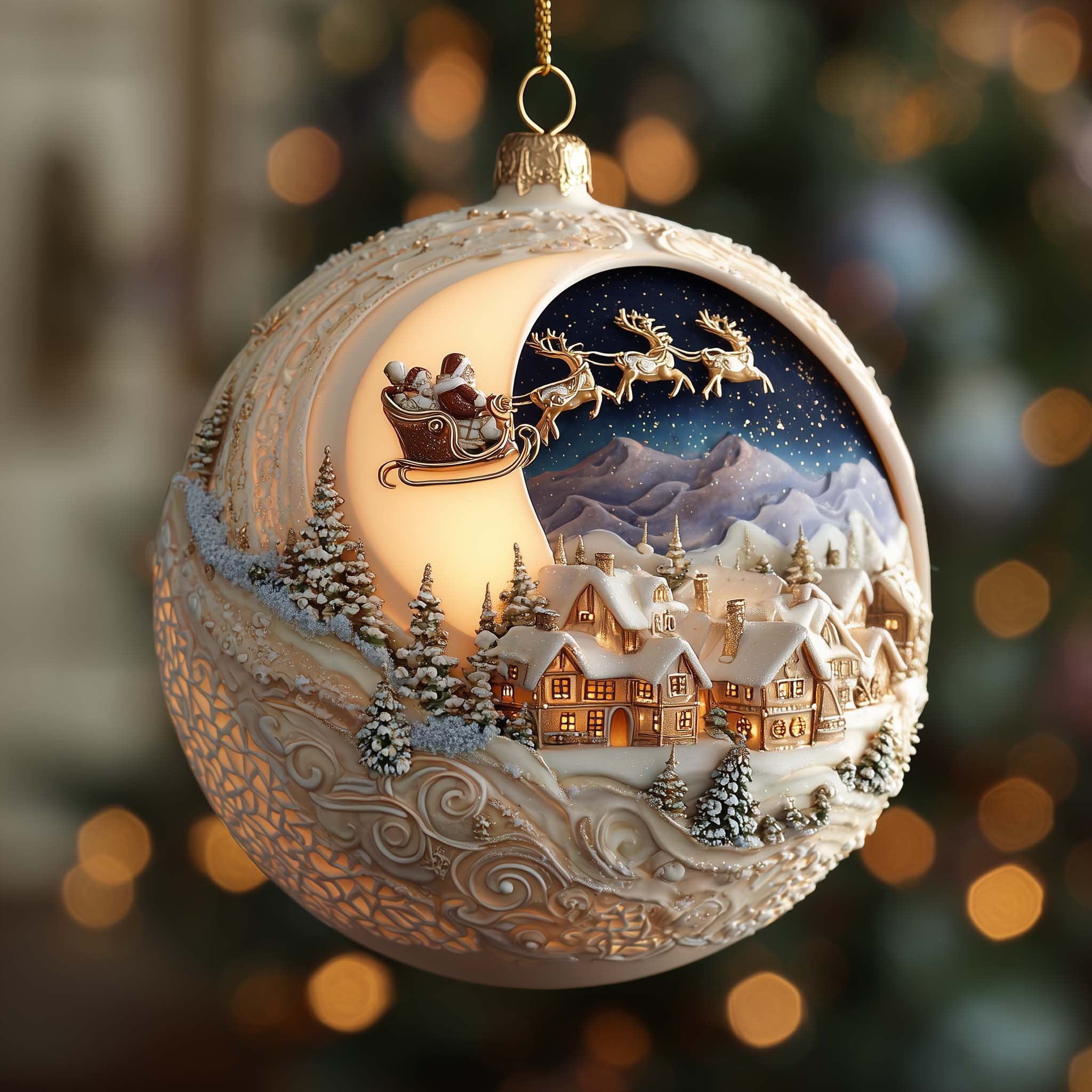 Moonlit Santa Village Globe Christmas Ornament
