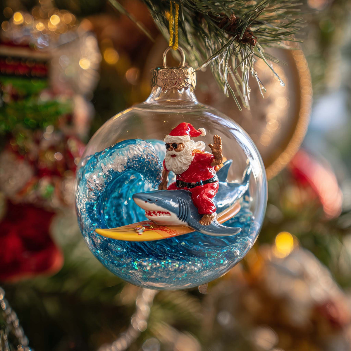 Surfing Santa Wave Ride Christmas Ornament