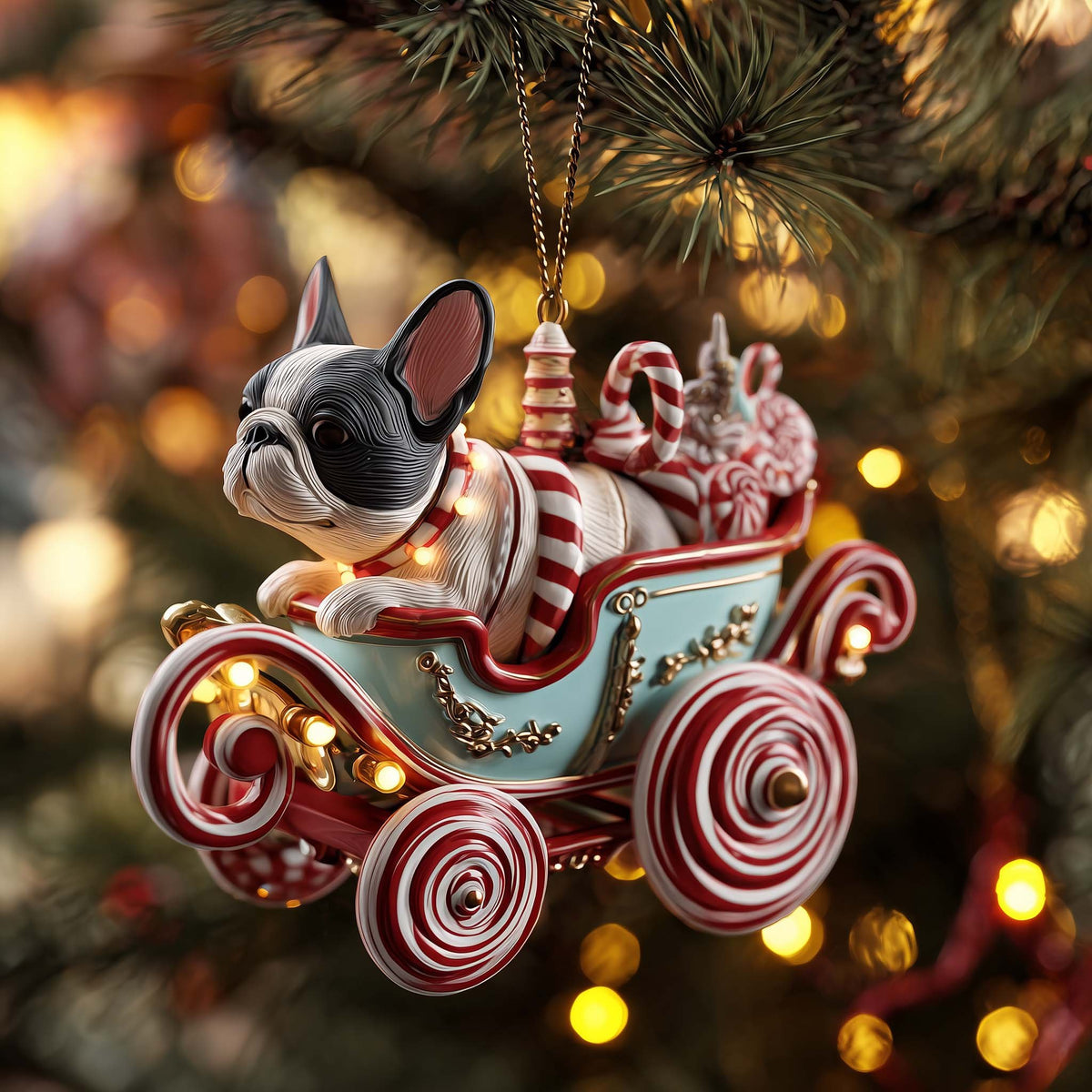 Frenchie Candy Carriage Ride Christmas Ornament