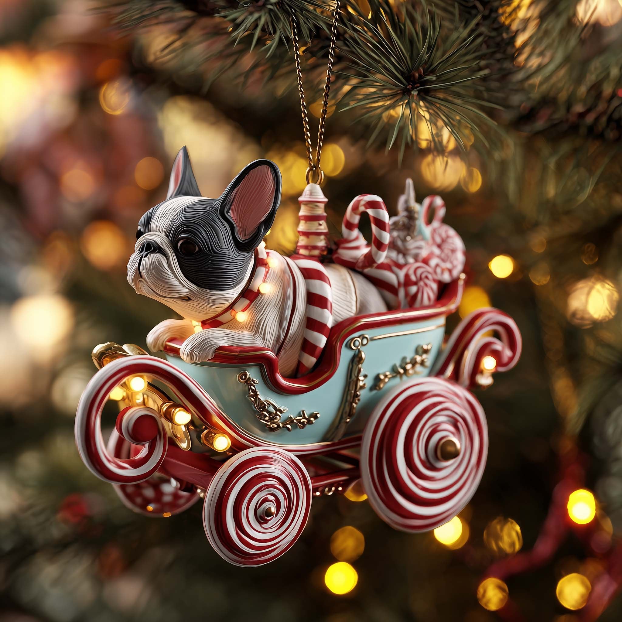 Frenchie Candy Carriage Ride Christmas Ornament