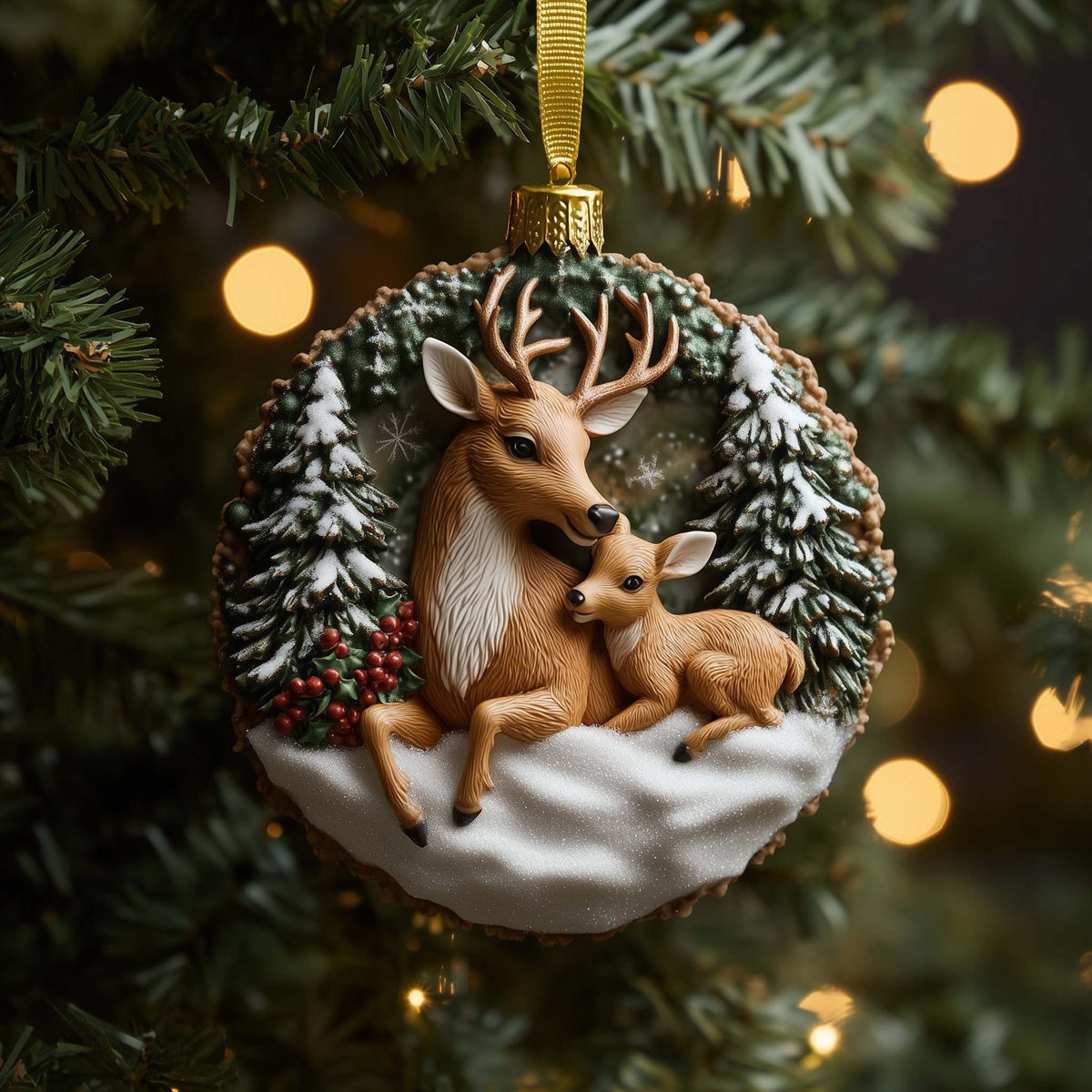 Deer Mother and Fawn Wreath Christmas Ornament