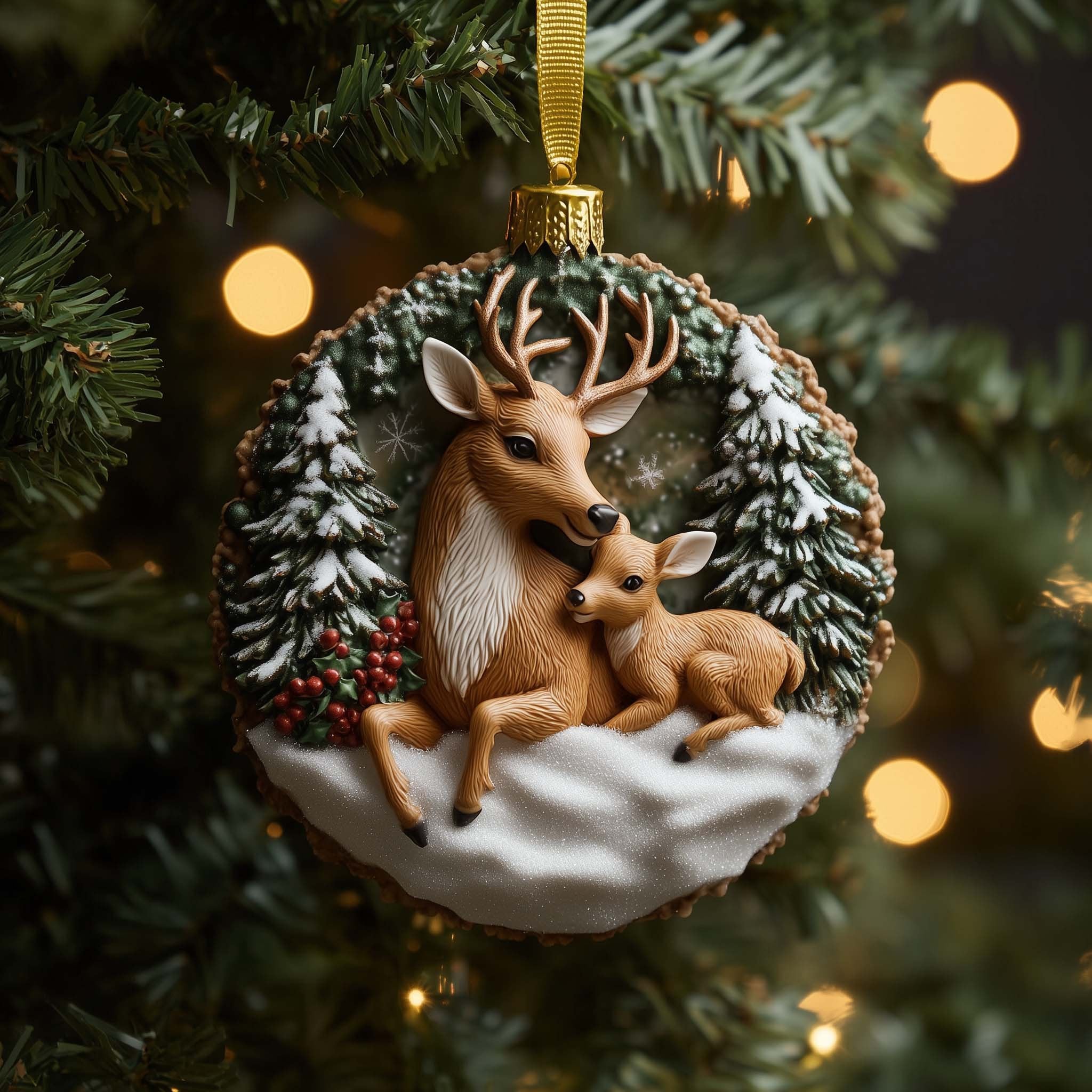 Deer Mother and Fawn Wreath Christmas Ornament