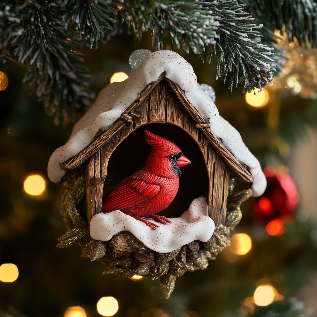 Cardinal in a Snowy Birdhouse Christmas Ornament