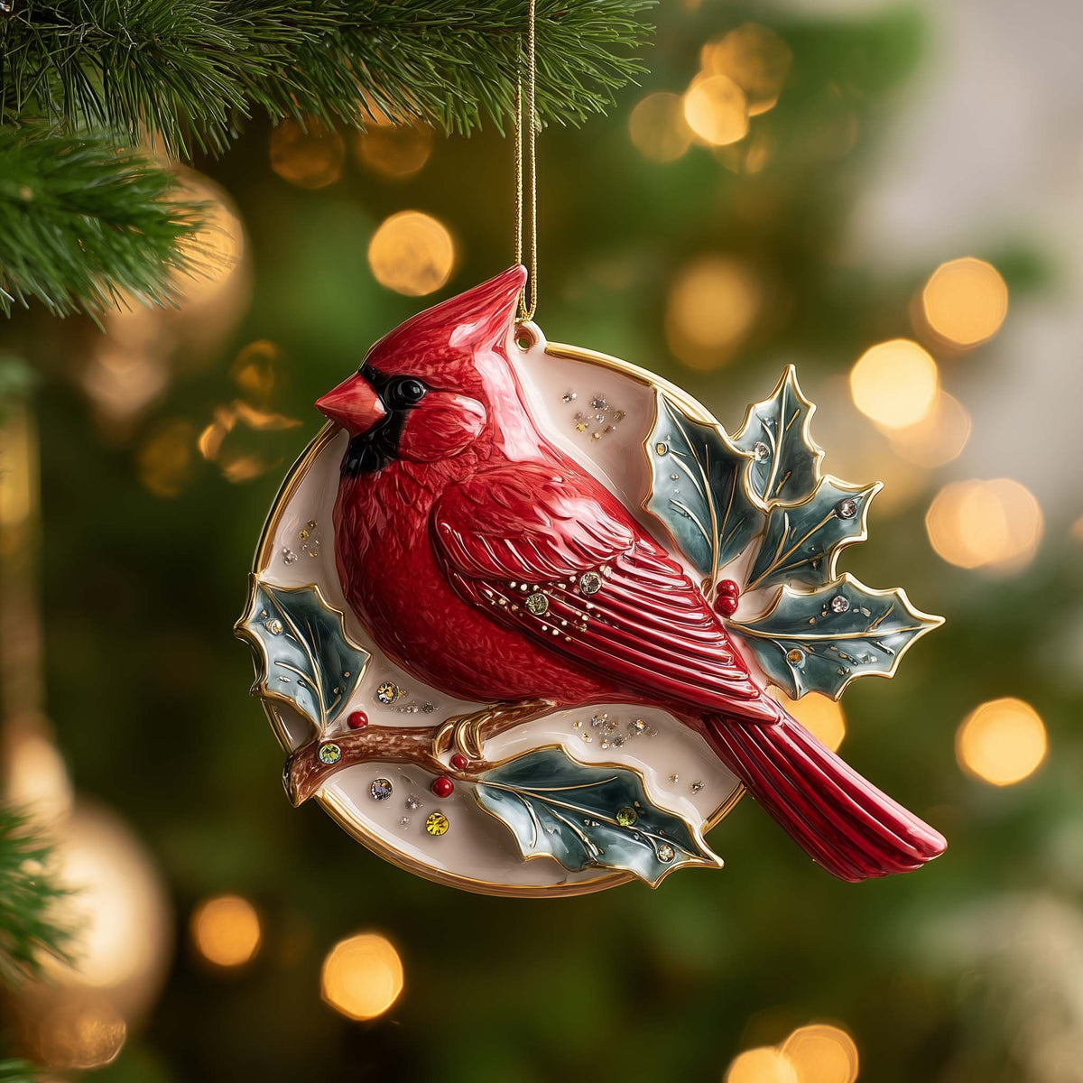 Cardinal on a Holly Sprig Christmas Ornament