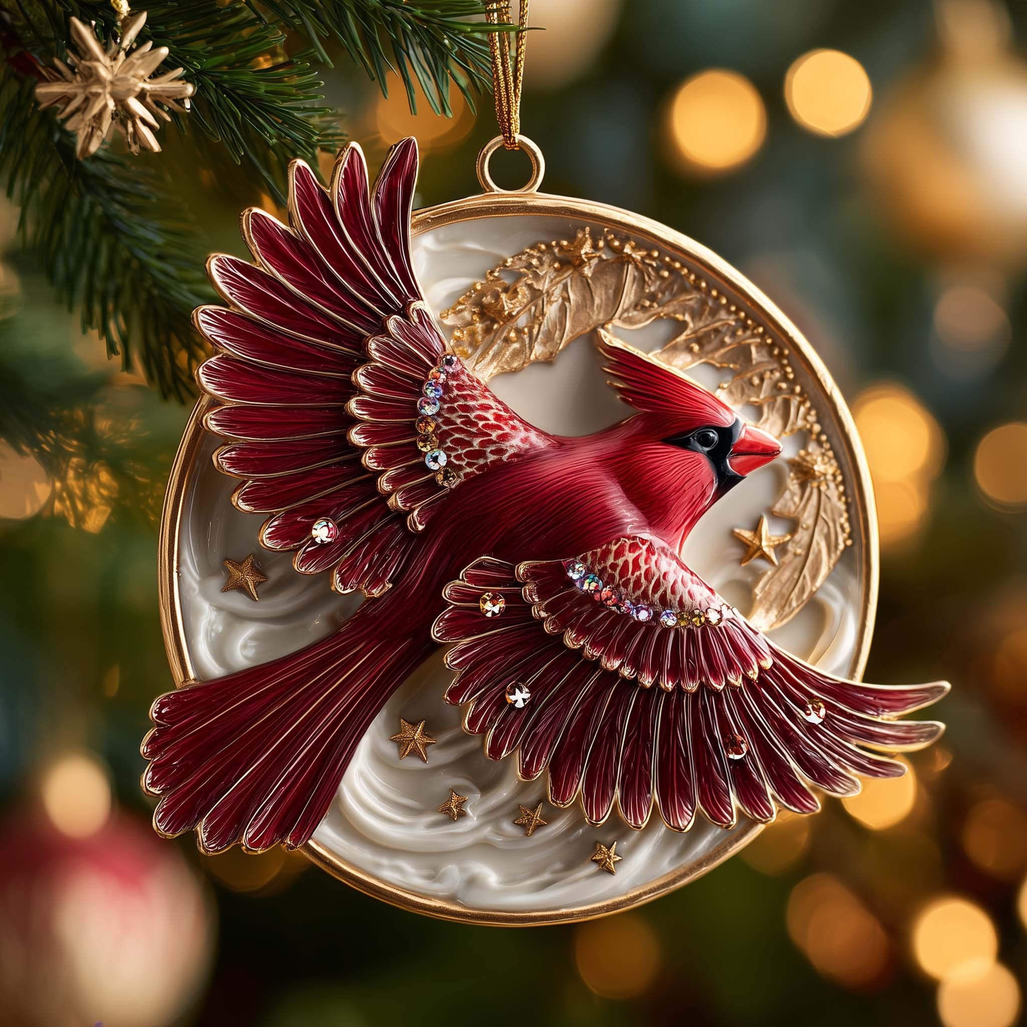 Cardinal in Flight Medallion Christmas Ornament