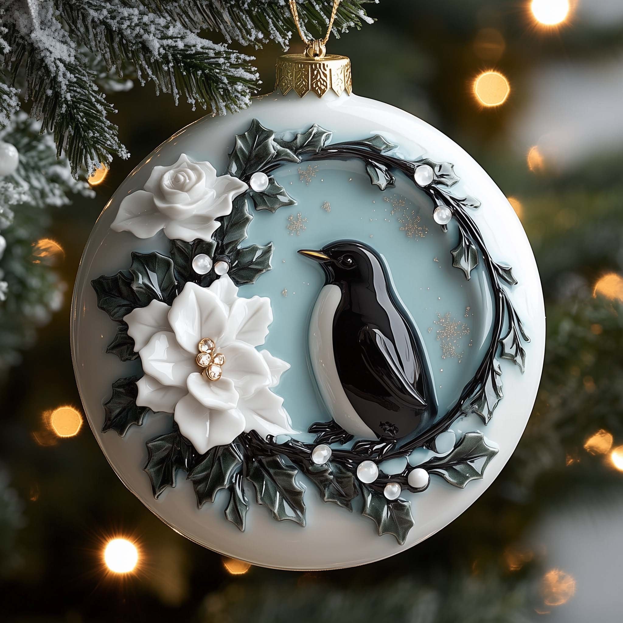 Floral Penguin Christmas Ornament