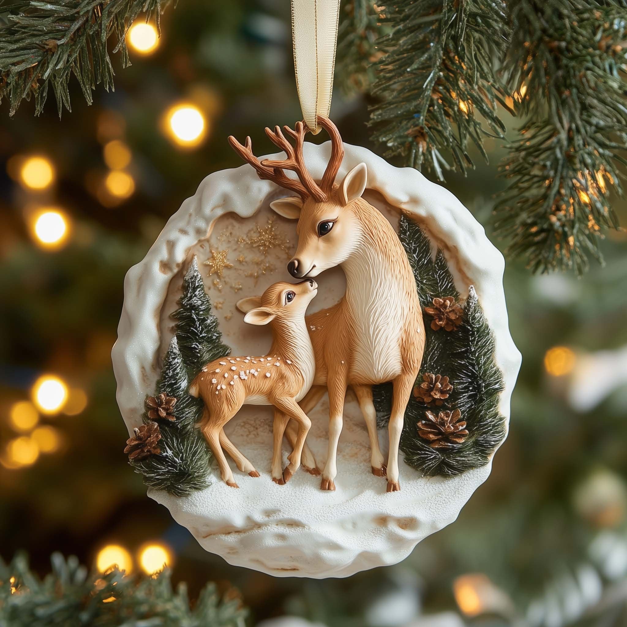 Fawn and Doe in the Snow Christmas Ornament