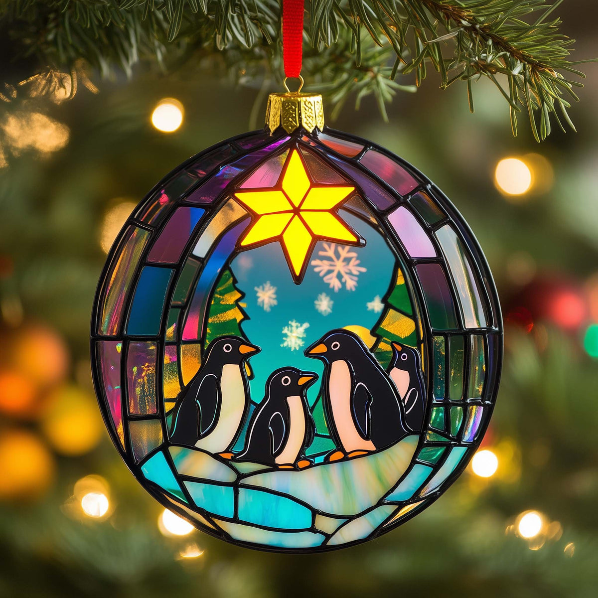 Stained Glass Penguin Carollers Christmas Ornament