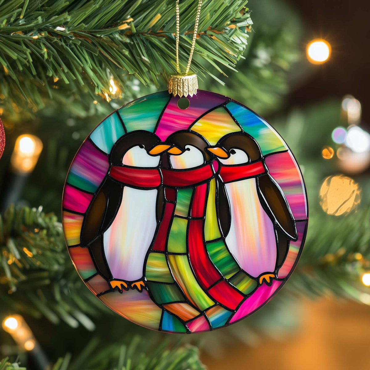 Rainbow Stained Glass Penguins Christmas Ornament