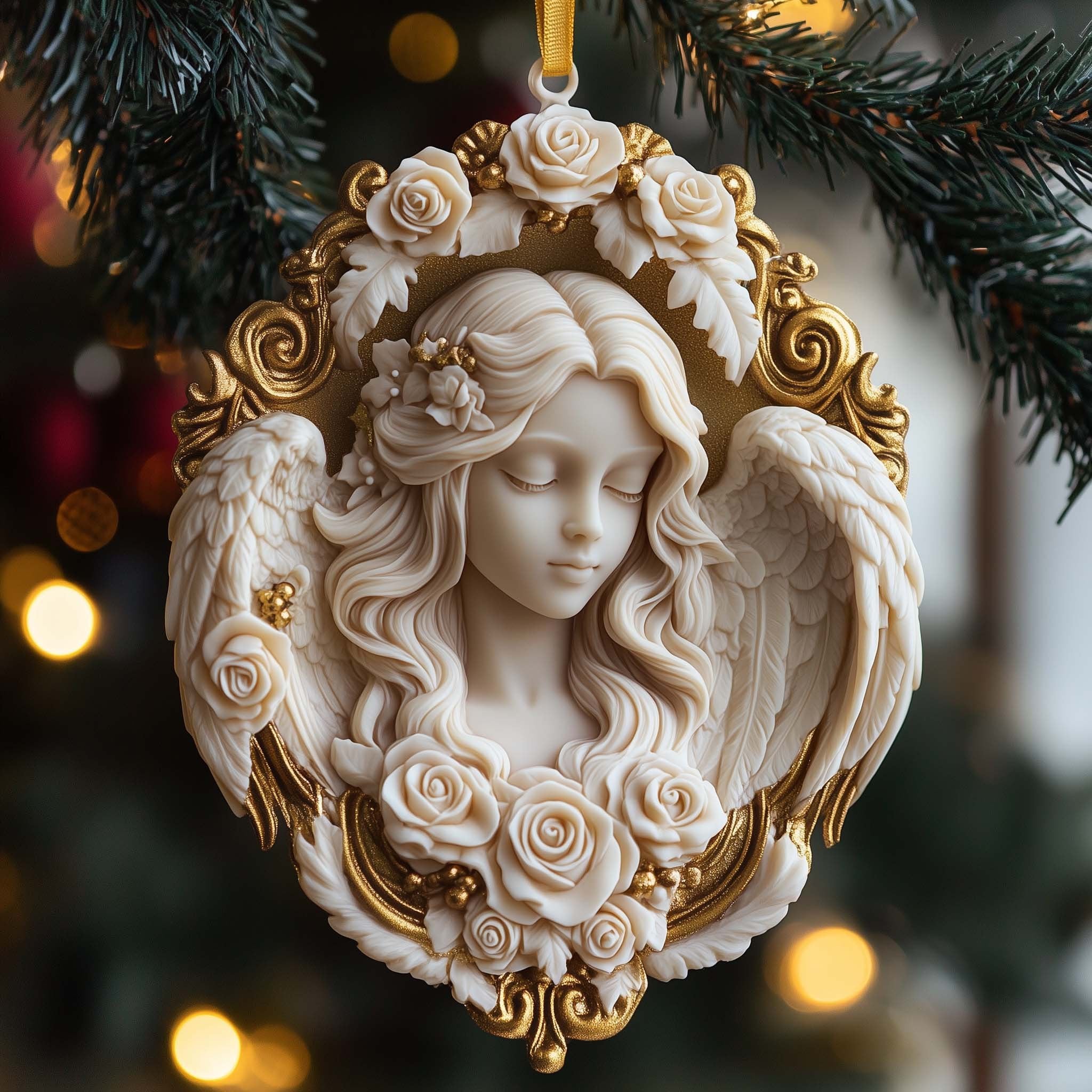 Ivory Rose Angel Cameo Christmas Ornament