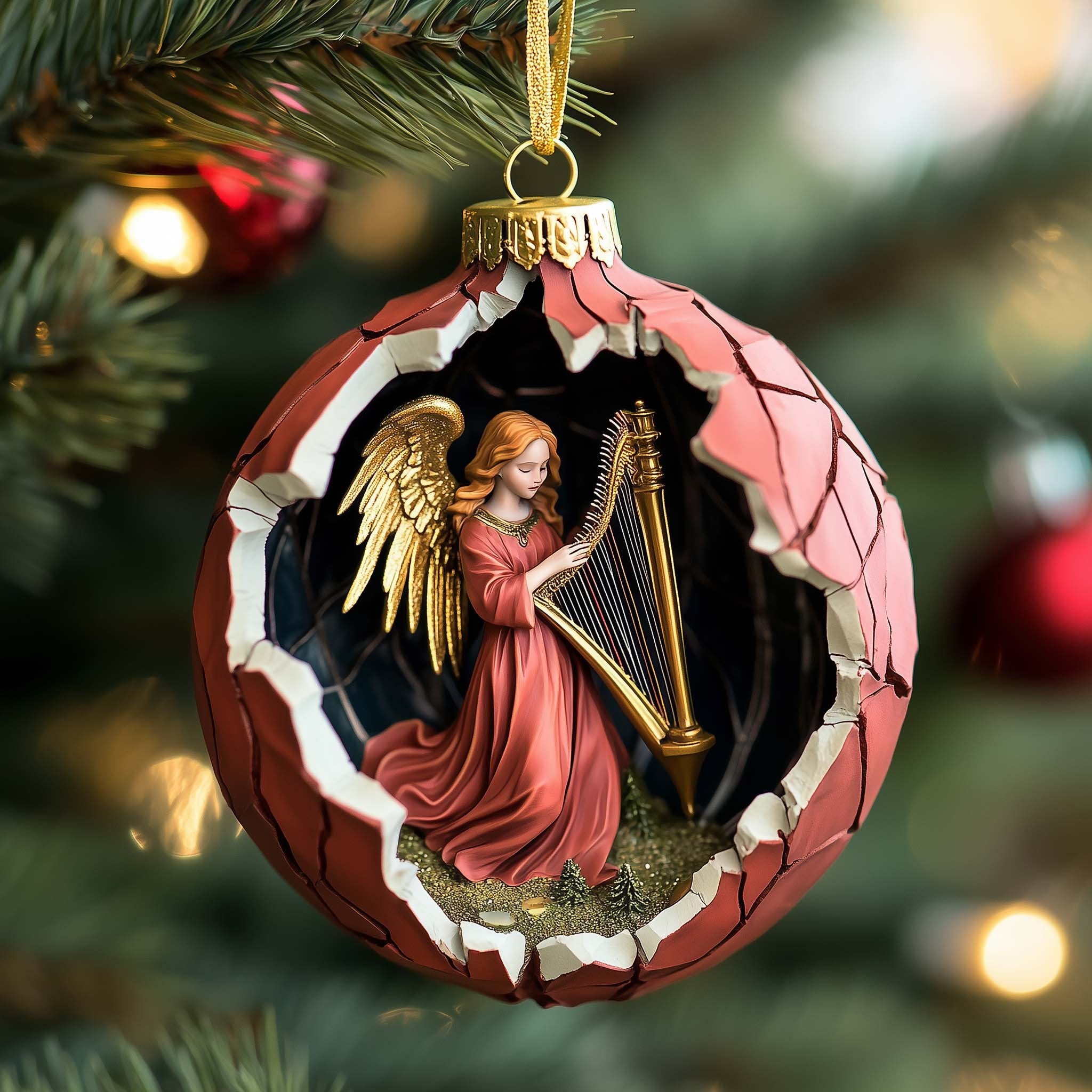 Harpist Angel in a Broken Bauble Christmas Ornament