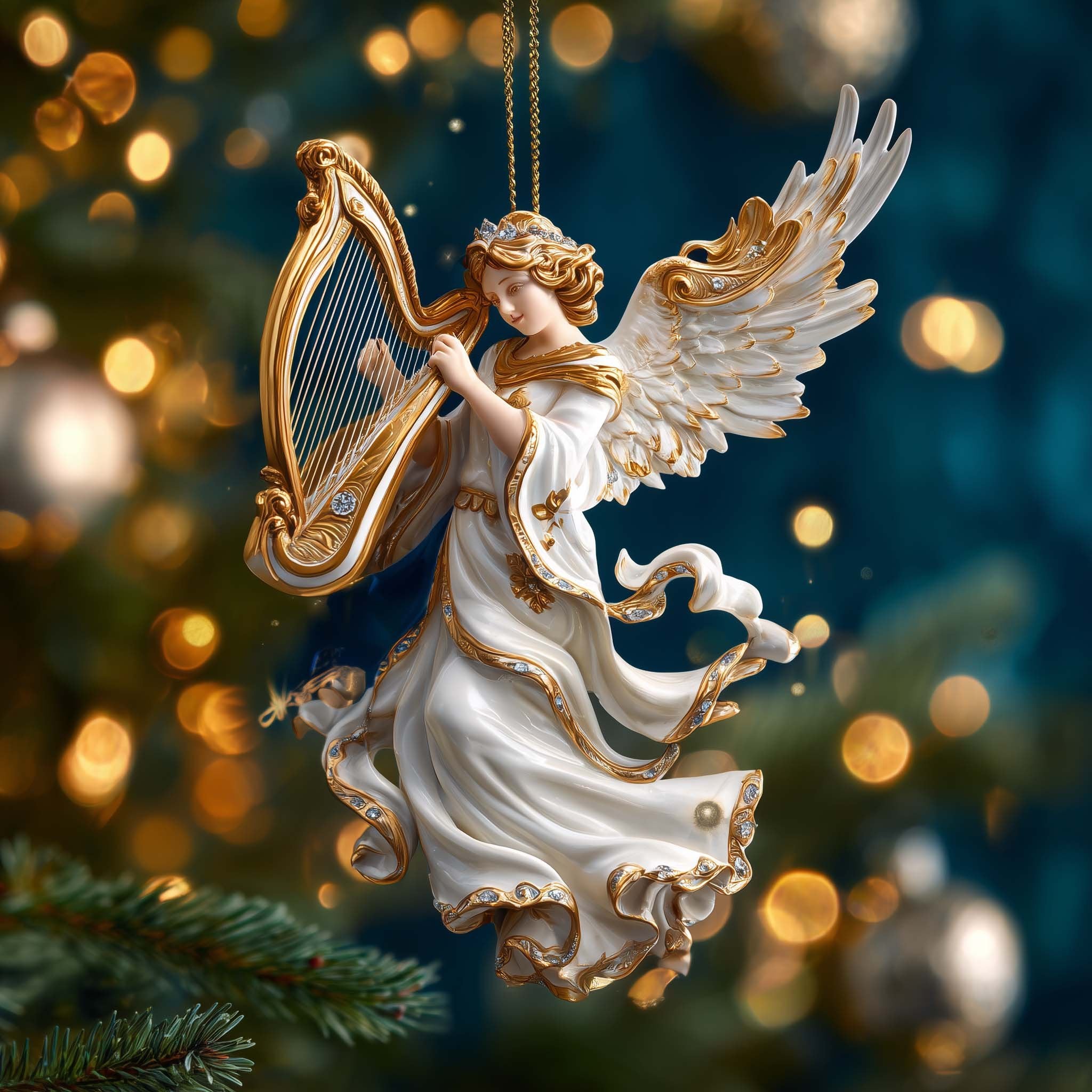 Angel Playing the Golden Harp Christmas Ornament