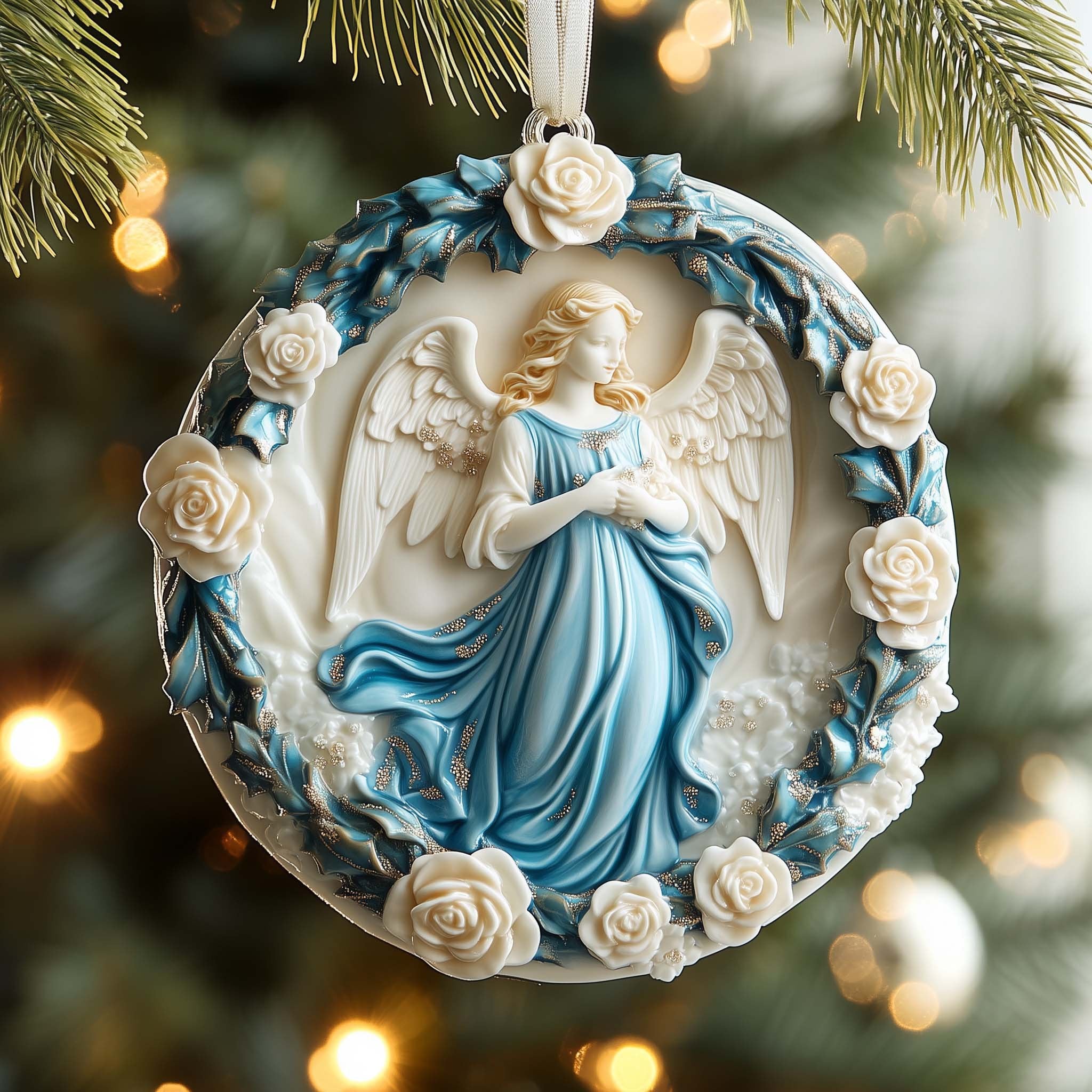 Angel in Blue with a Rose Wreath Christmas Ornament