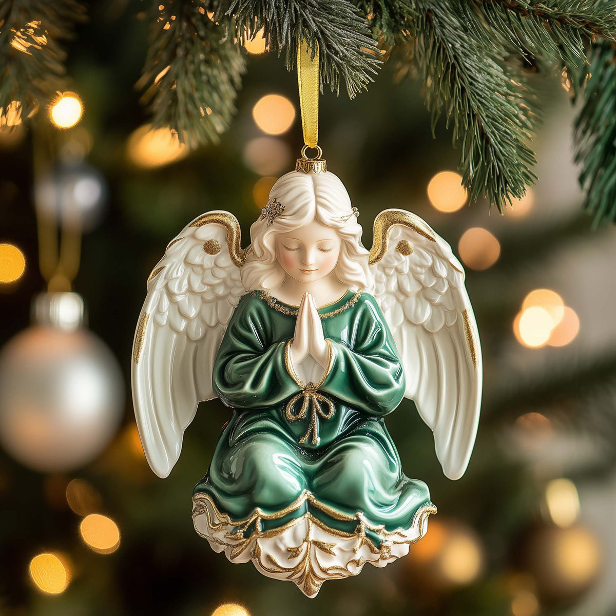 Kneeling Angel in Emerald Robes Christmas Ornament
