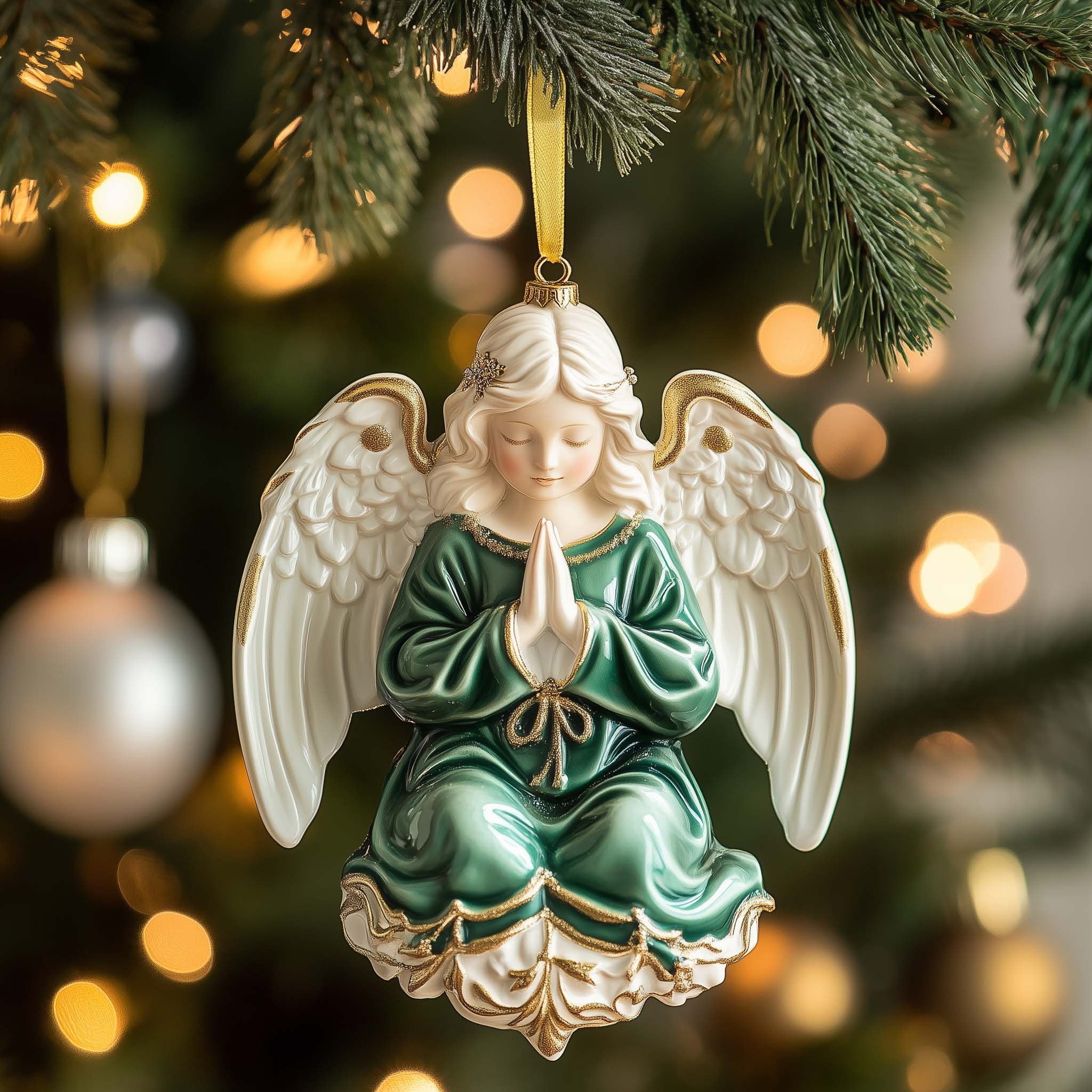Kneeling Angel in Emerald Robes Christmas Ornament