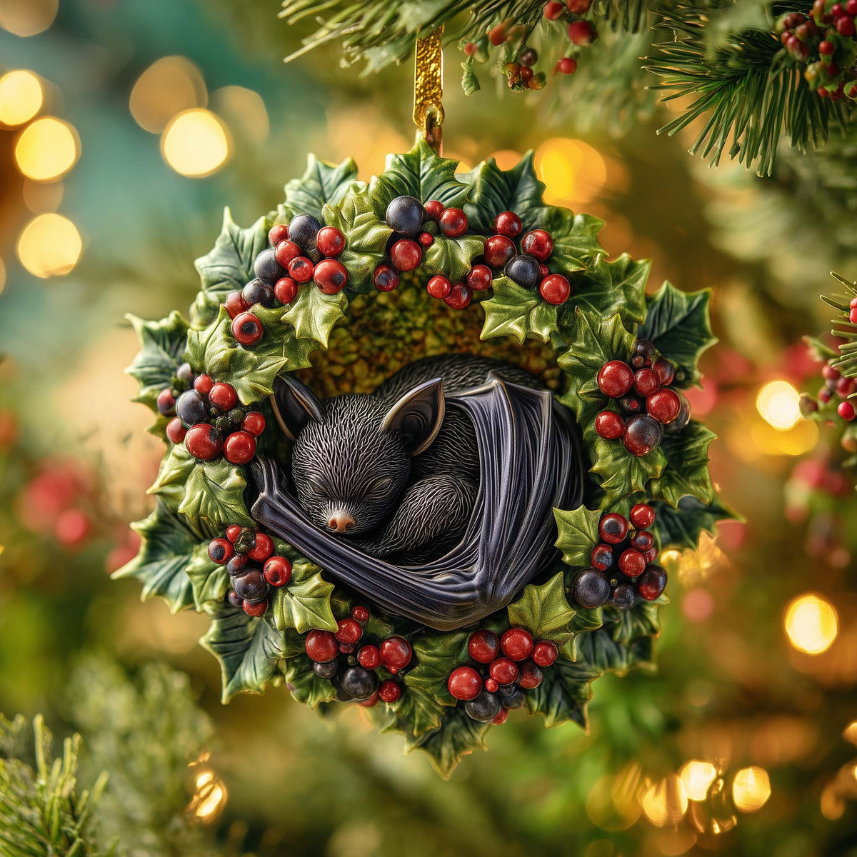 Sleeping Bat in a Berry Wreath Christmas Ornament
