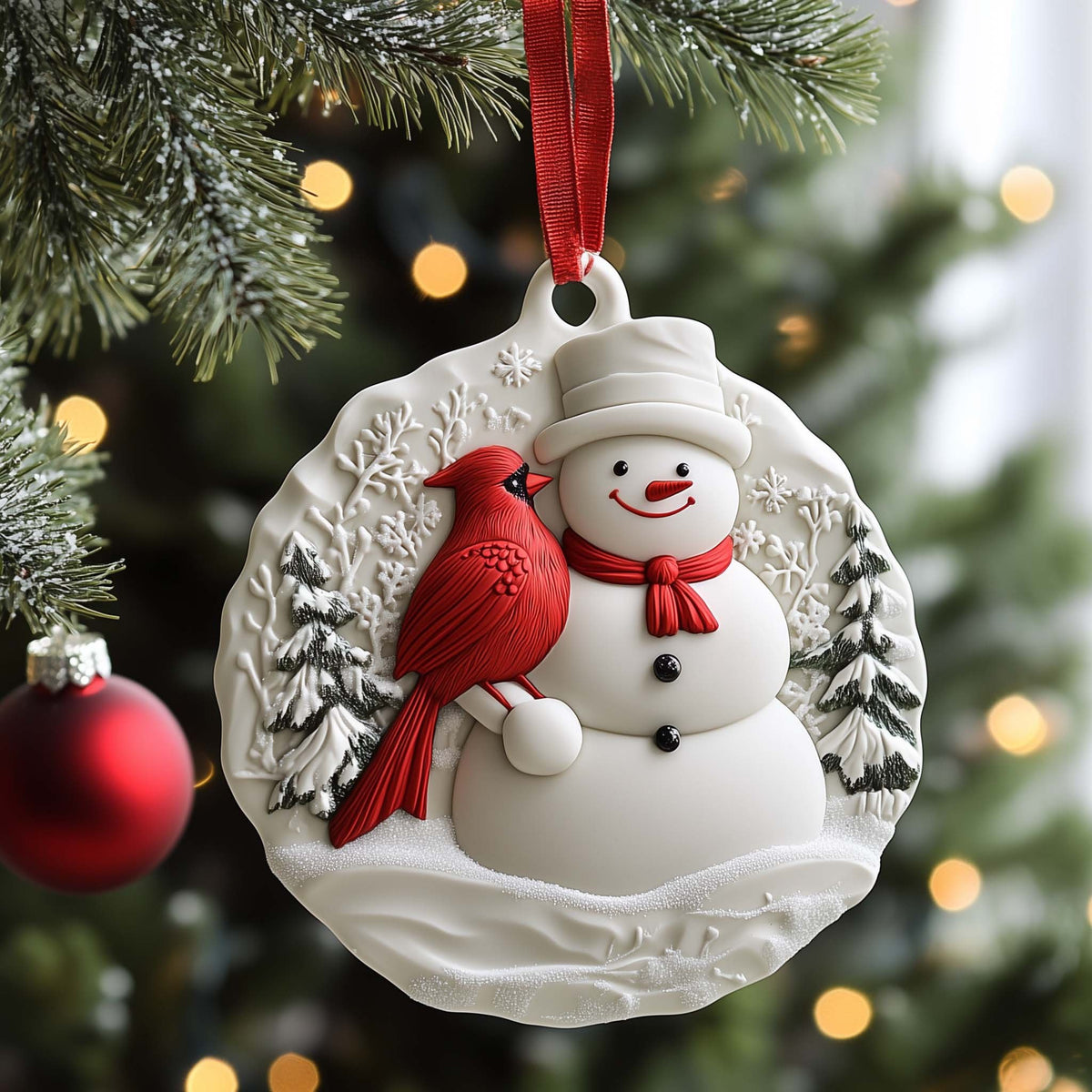 Snowman with a Cardinal Friend Christmas Ornament