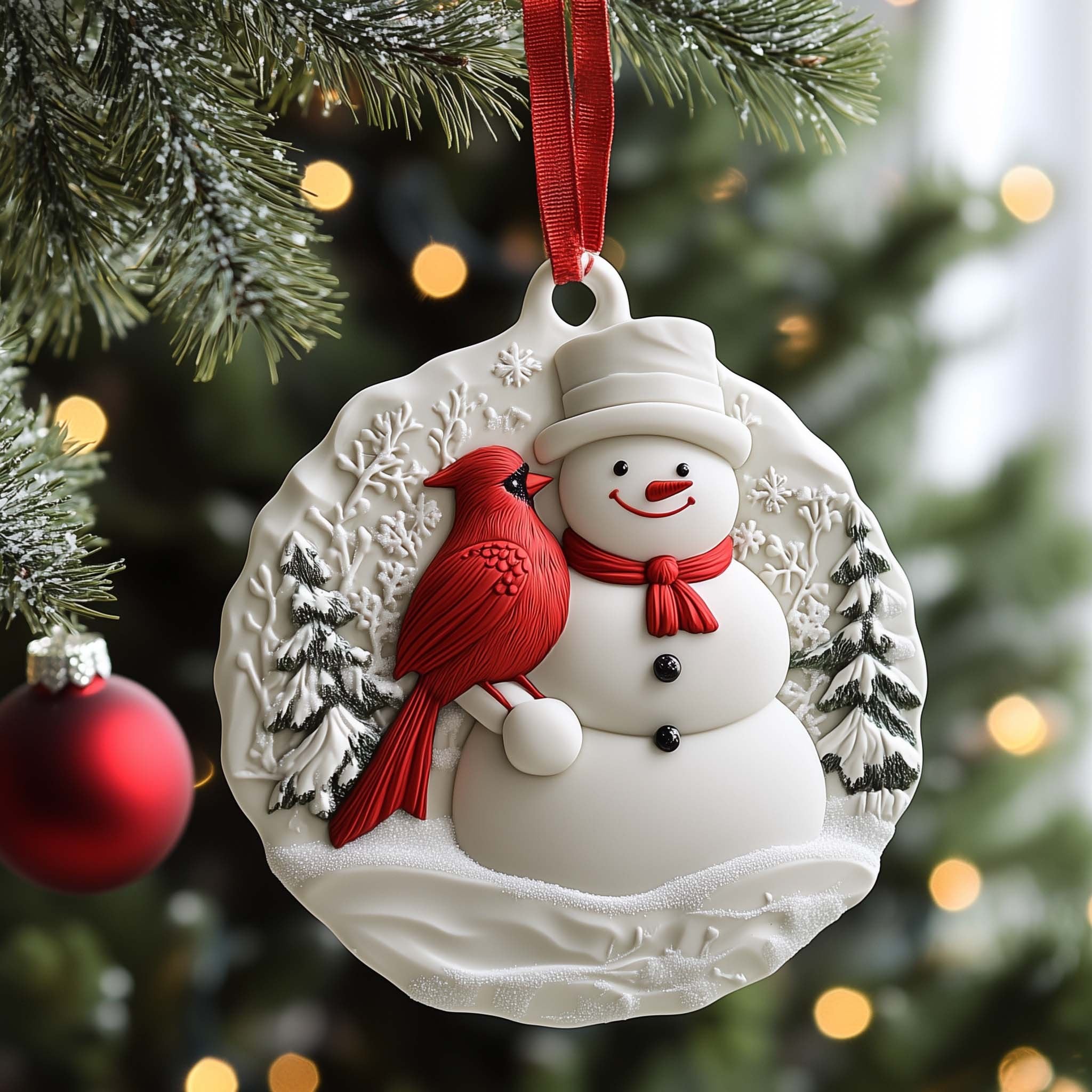 Snowman with a Cardinal Friend Christmas Ornament