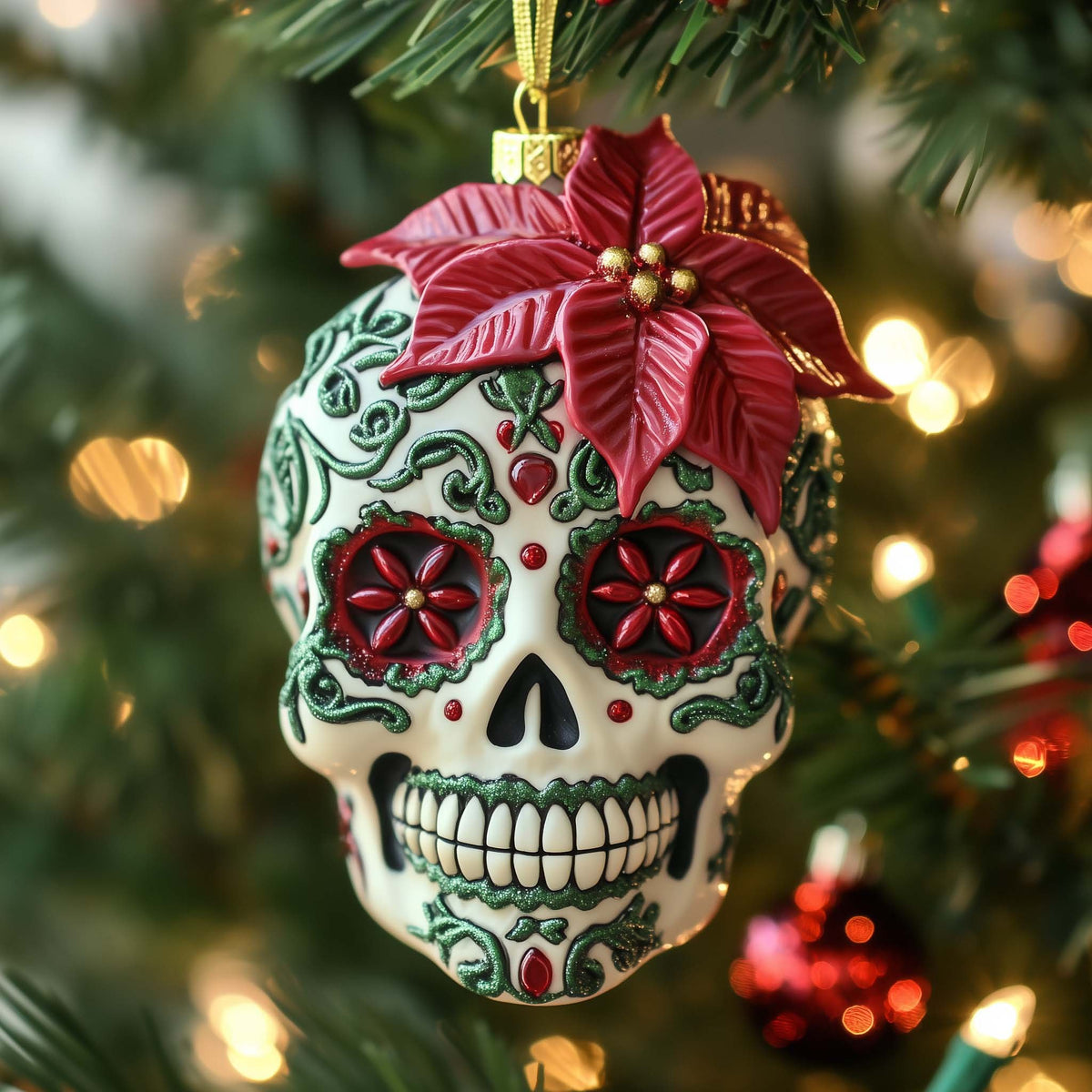 Poinsettia Sugar Skull Christmas Ornament