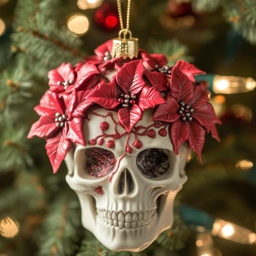 Poinsettia Crown Skull Christmas Ornament