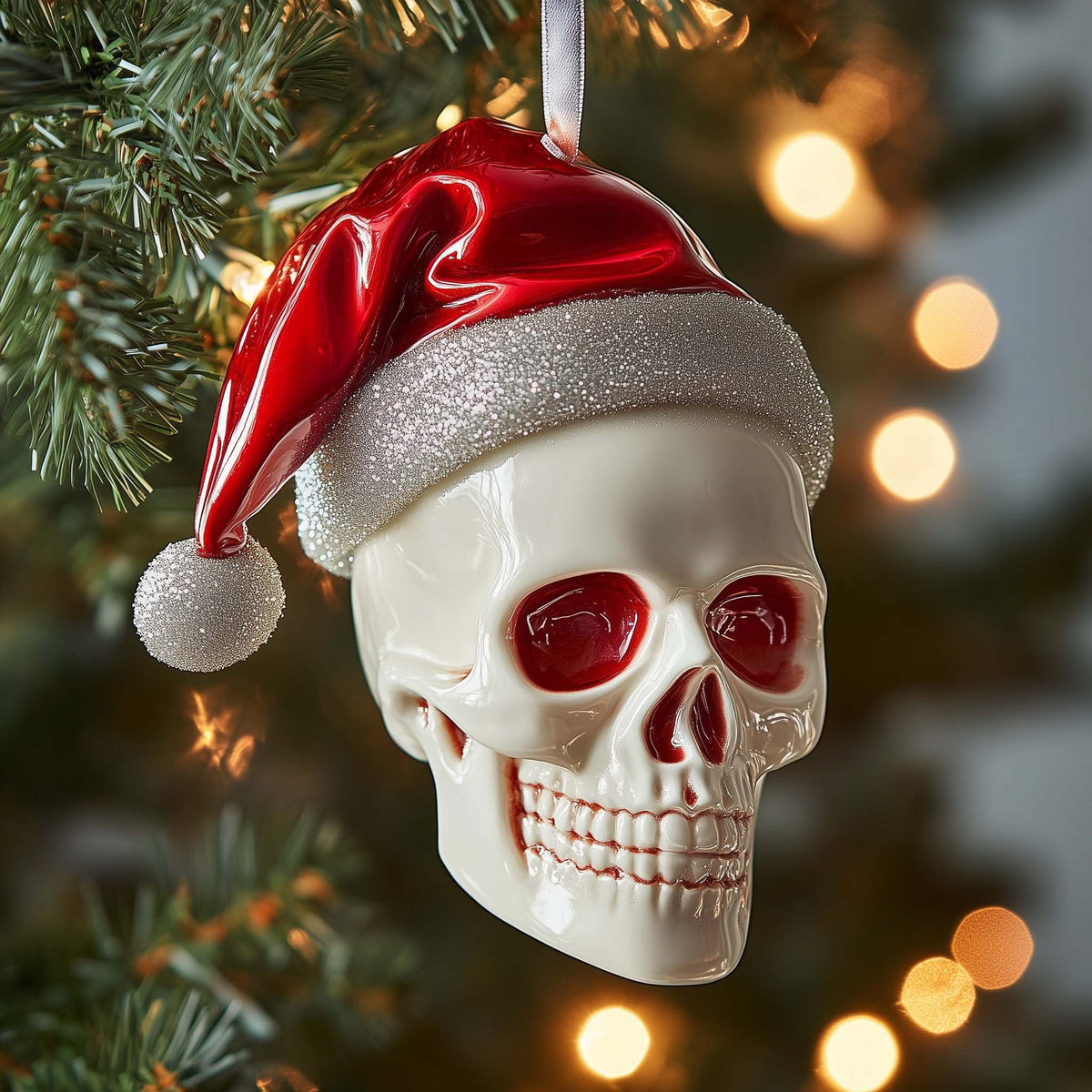 Santa Hat Skull with Ruby Eyes Christmas Ornament