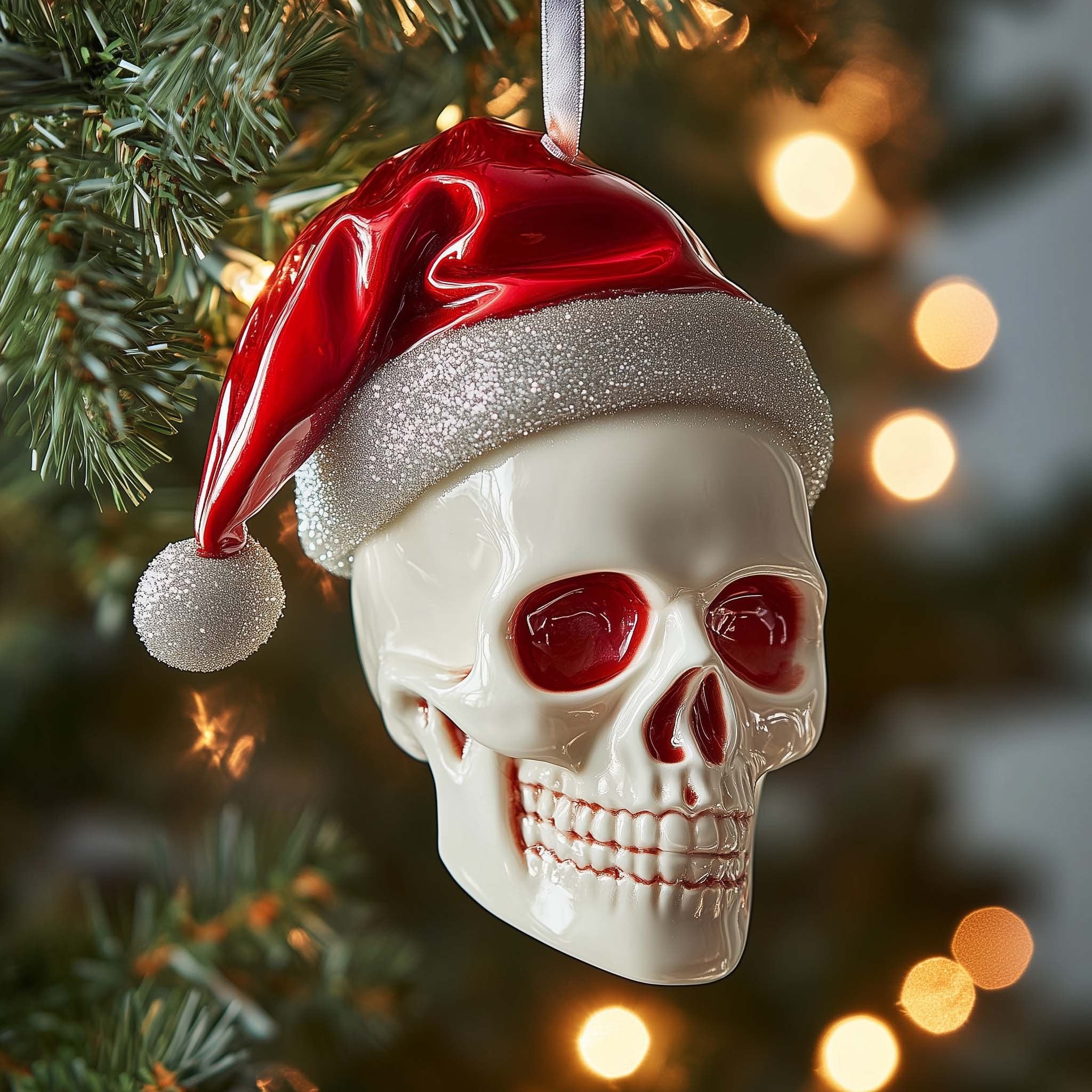 Santa Hat Skull with Ruby Eyes Christmas Ornament