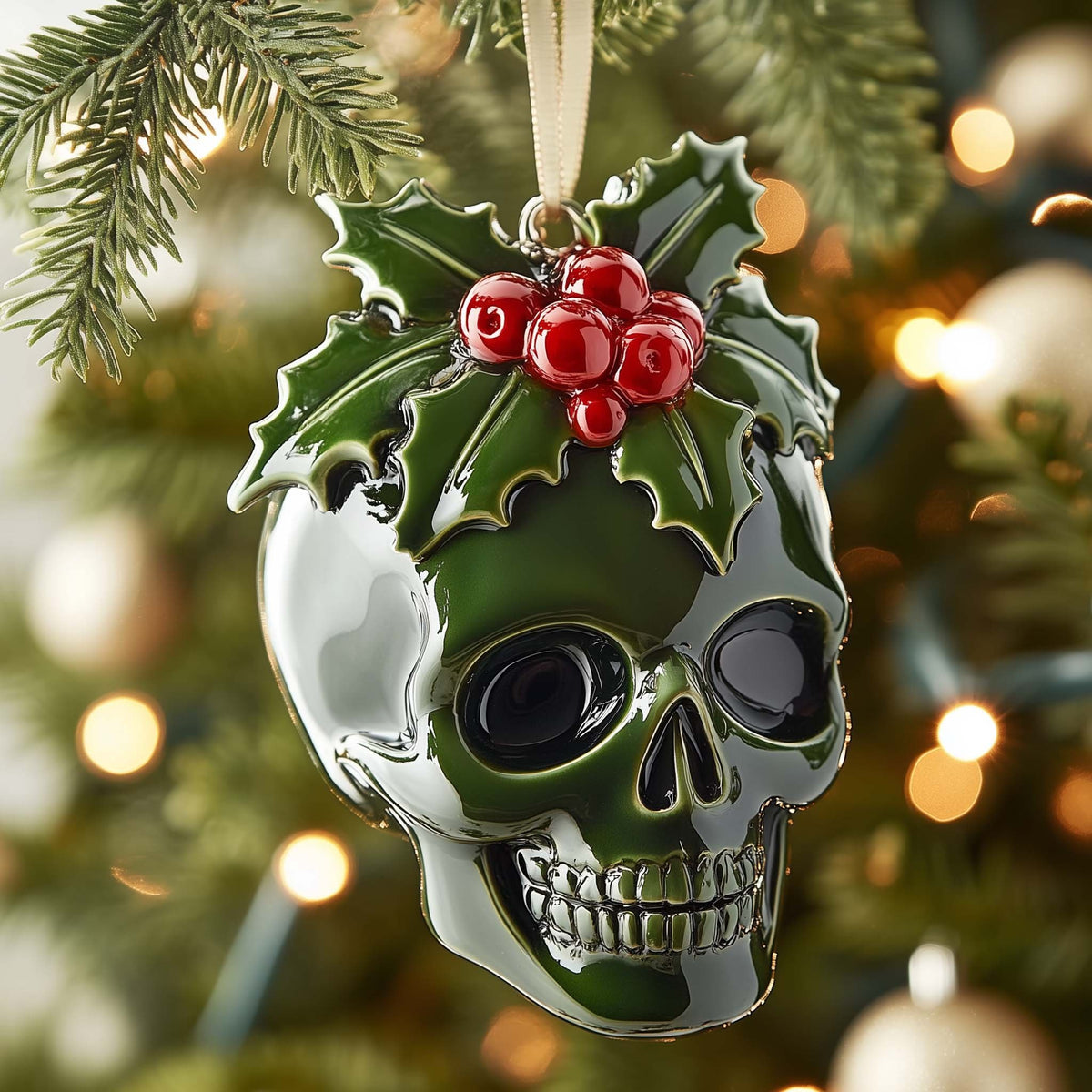 Emerald Skull with Holly Crown Christmas Ornament