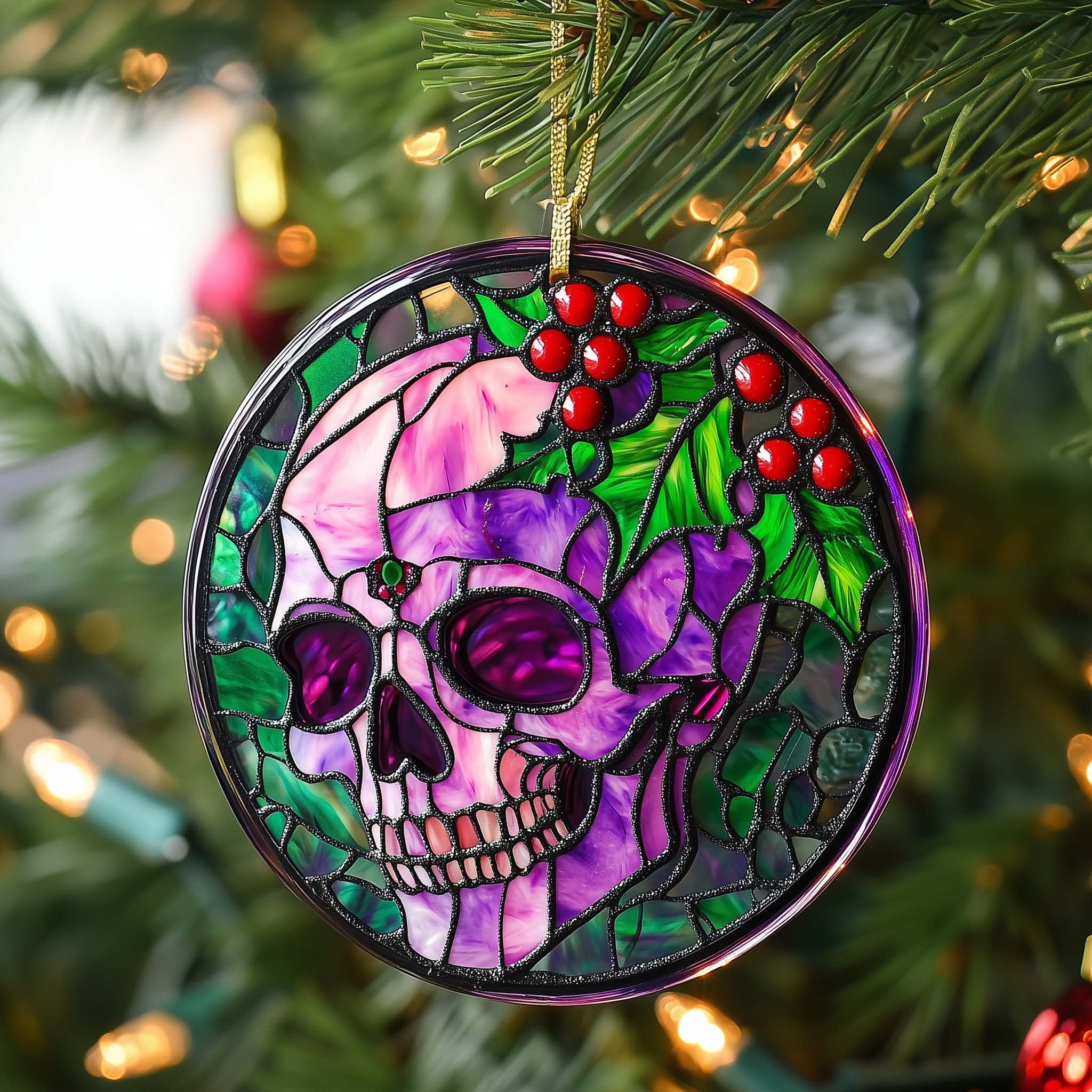 Stained Glass Amethyst Skull Christmas Ornament