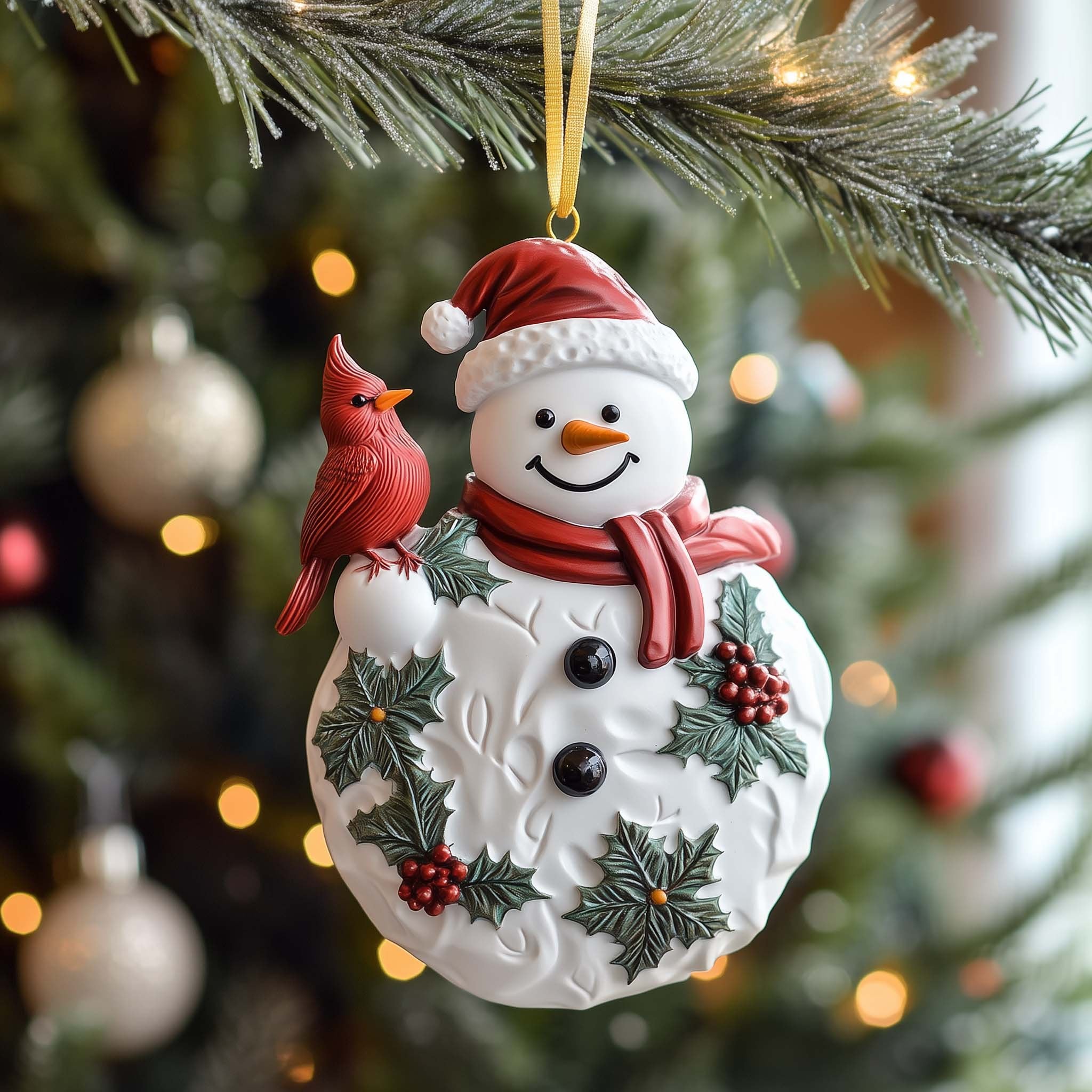 Snowman and Cardinal with Holly Christmas Ornament
