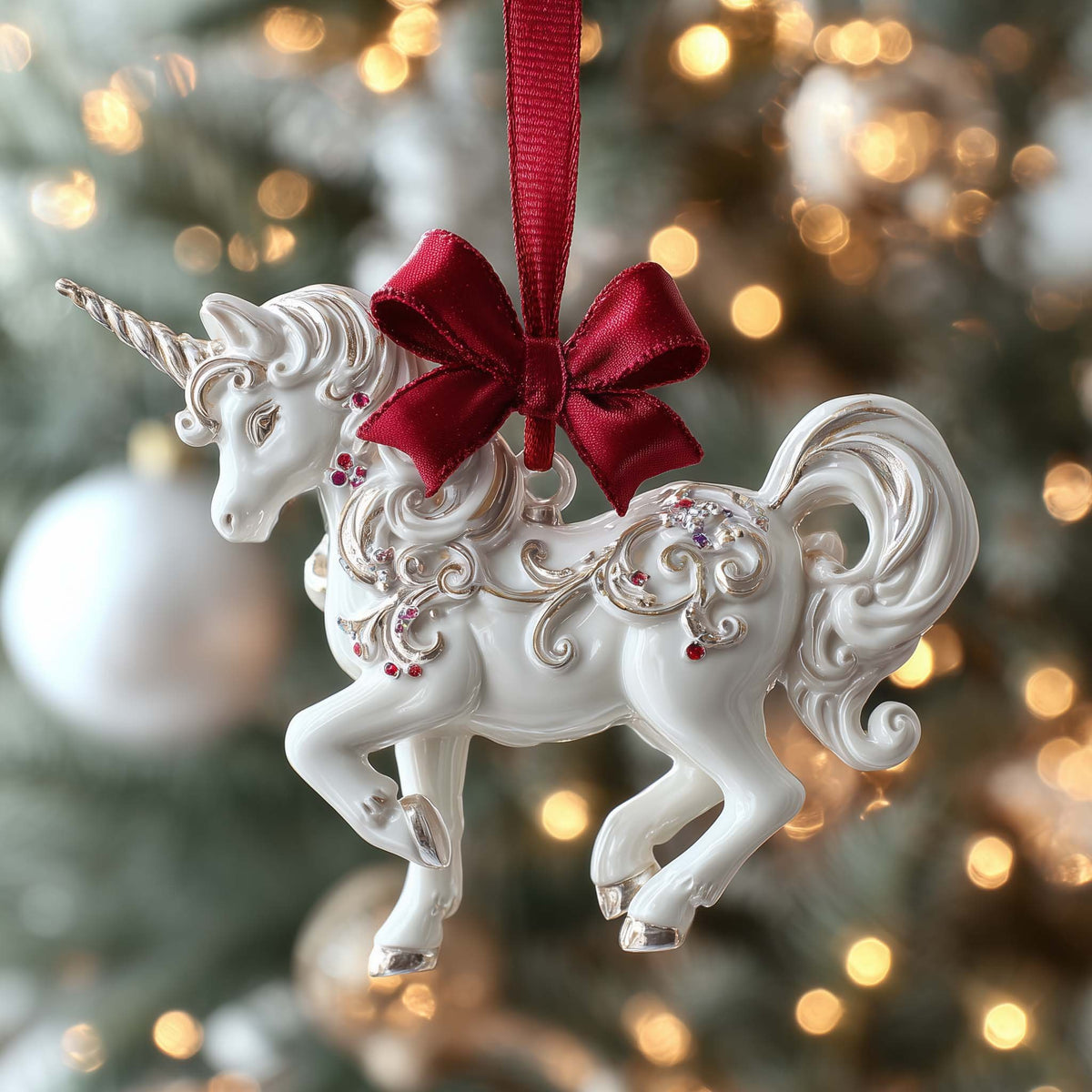 White Unicorn with a Red Bow Christmas Ornament