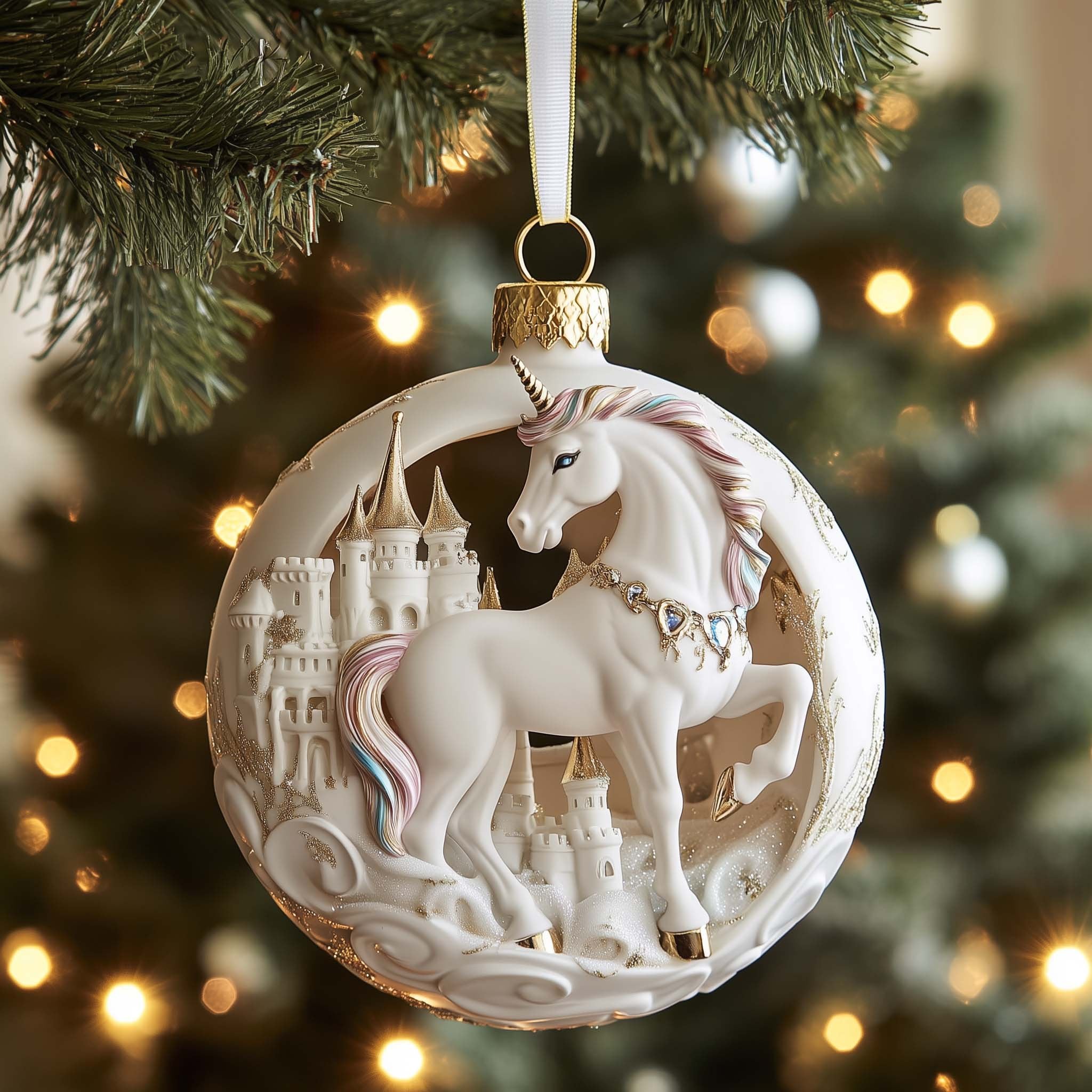 Castle Unicorn Christmas Ornament
