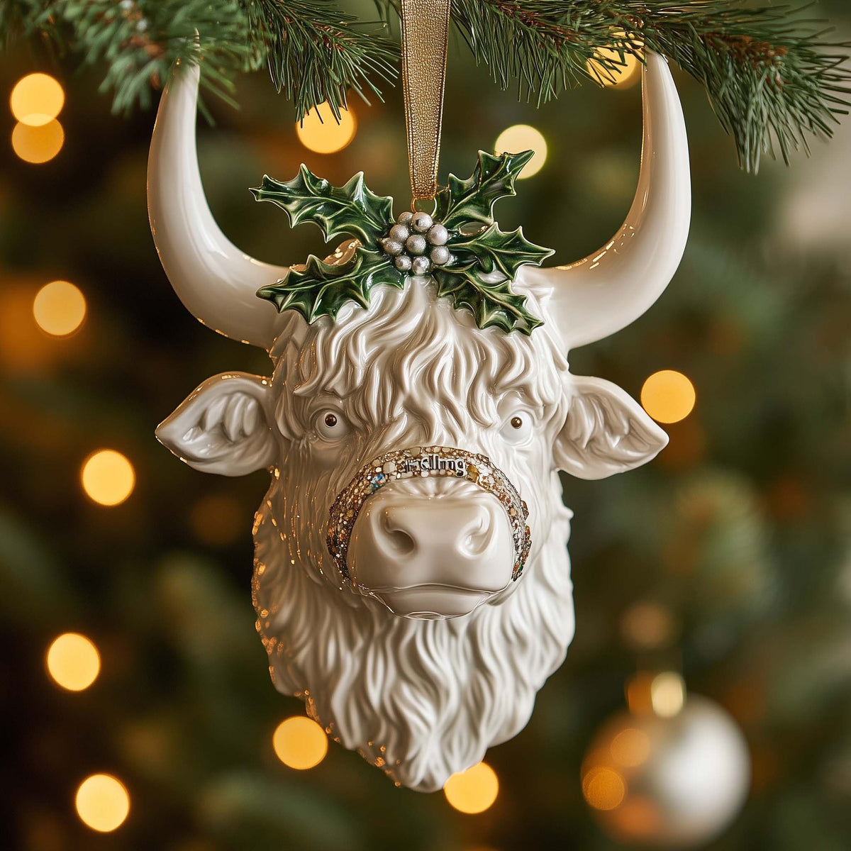 Highland Bull with a Holly Crown Christmas Ornament