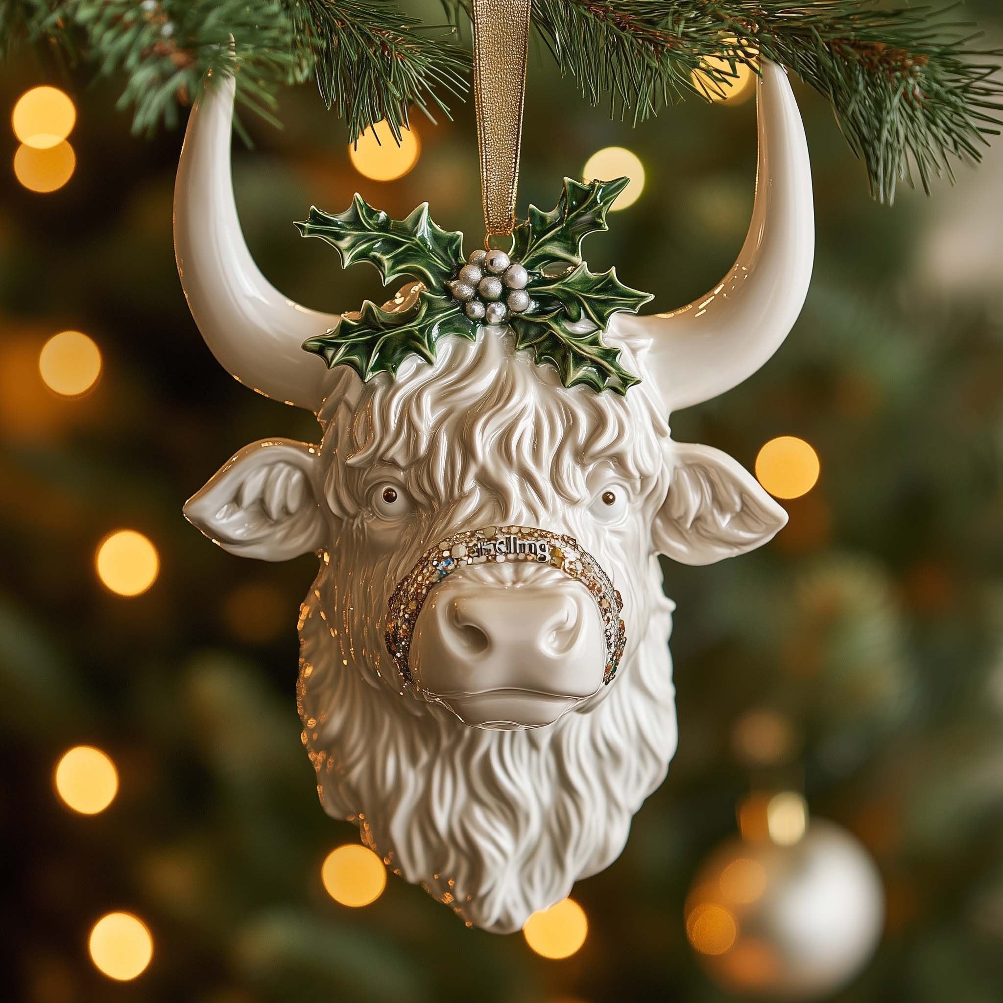 Highland Bull with a Holly Crown Christmas Ornament